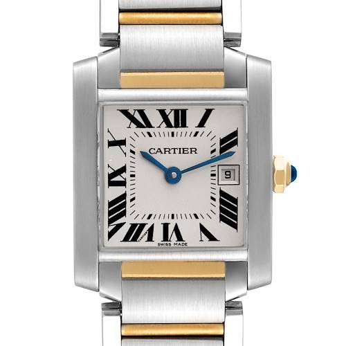 The image shows a front view of a Cartier Tank Francaise W51012Q4 Women's Steel and Gold (two tone) Silver Dial W51012Q4 Women's Steel and Gold (two tone) Silver Dial watch, displaying its square face and stainless steel and gold bracelet.