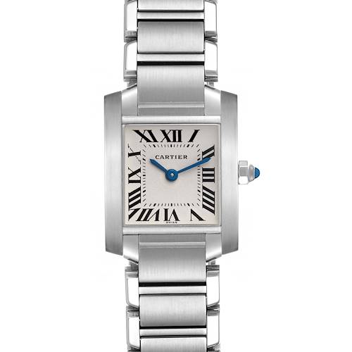 The Cartier Tank Française watch is shown from the front, highlighting the square dial and metal bracelet.