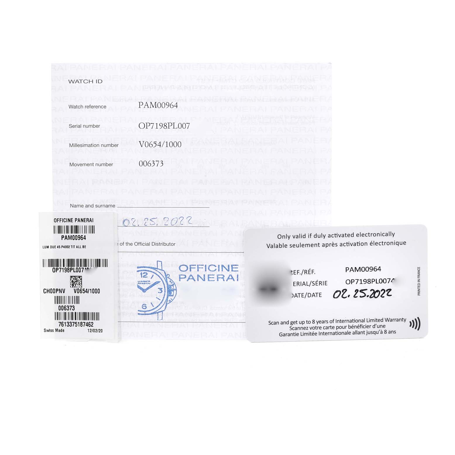 The image features warranty and identification cards for the Panerai Luminor Due PAM00964 Men's Titanium Blue Dial PAM00964 Men's Titanium Blue Dial model PAM00964.