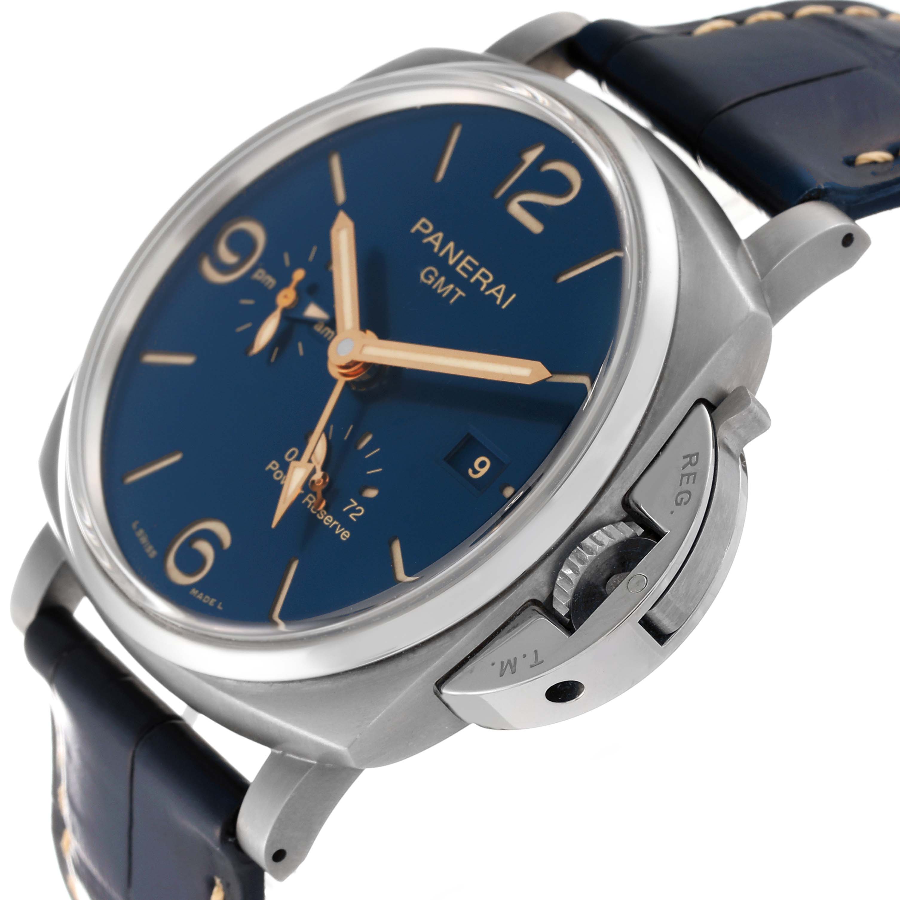 The image shows a Panerai Luminor Due PAM00964 Men's Titanium Blue Dial PAM00964 Men's Titanium Blue Dial watch at an angle highlighting the dial, crown guard, and part of the strap.