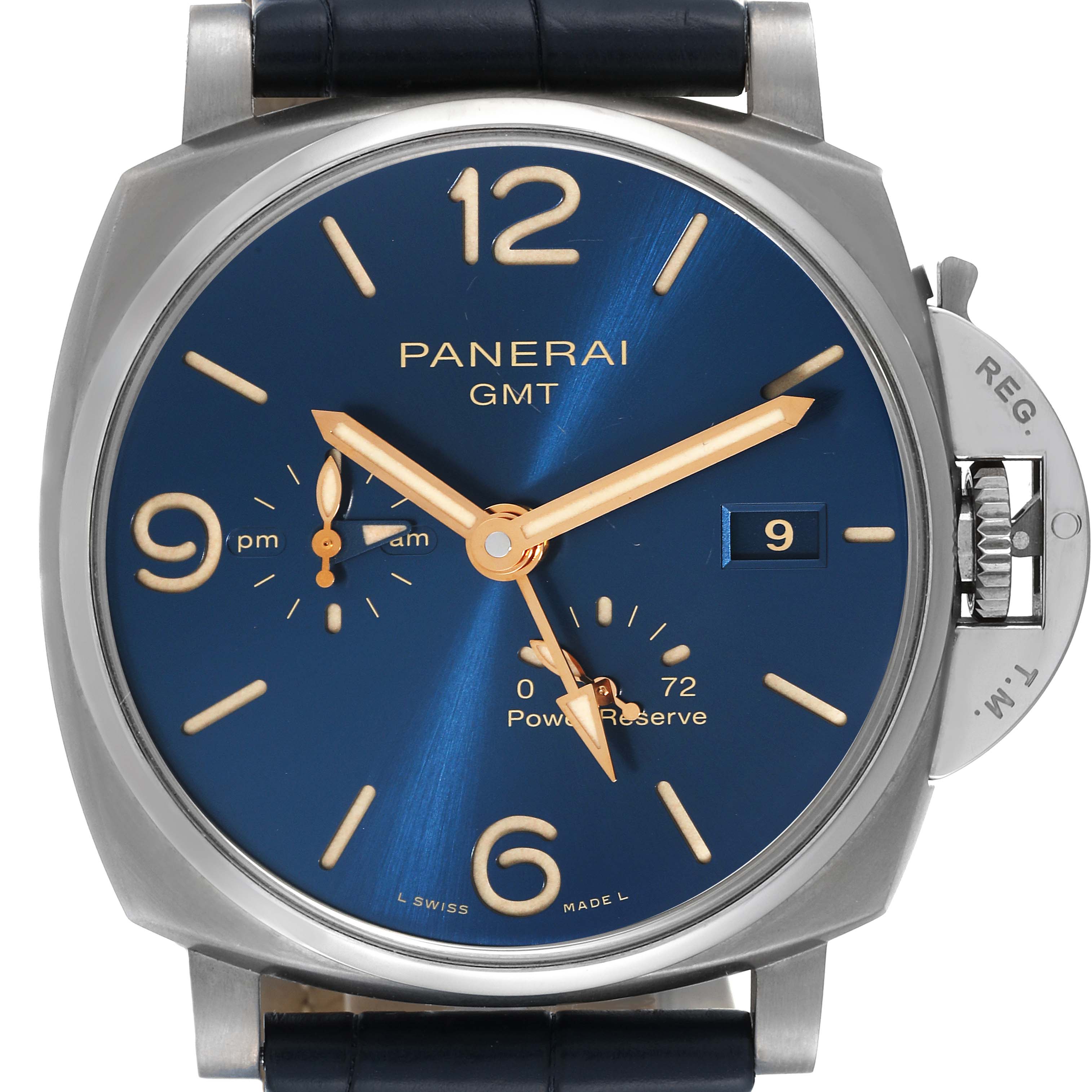 The image shows a front view of the Panerai Luminor Due PAM00964 Men's Titanium Blue Dial PAM00964 Men's Titanium Blue Dial watch, highlighting its dial, hands, date, and crown guard.