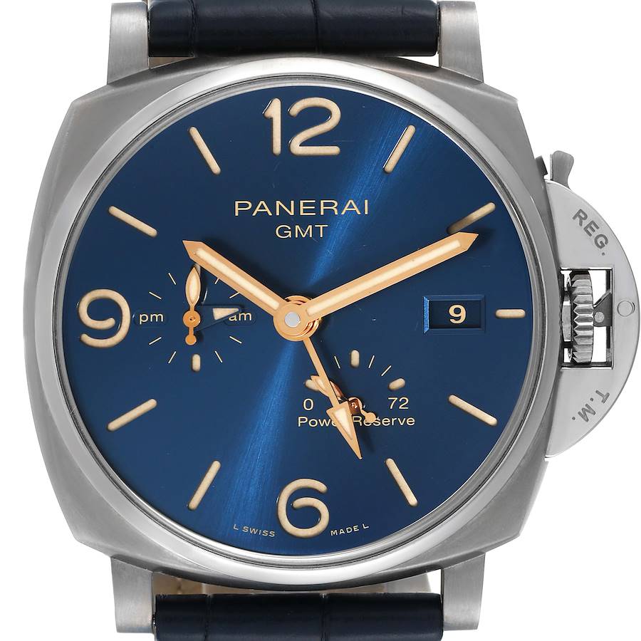 The image shows a front view of the Panerai Luminor Due PAM00964 Men's Titanium Blue Dial PAM00964 Men's Titanium Blue Dial watch, highlighting its dial, hands, date, and crown guard.
