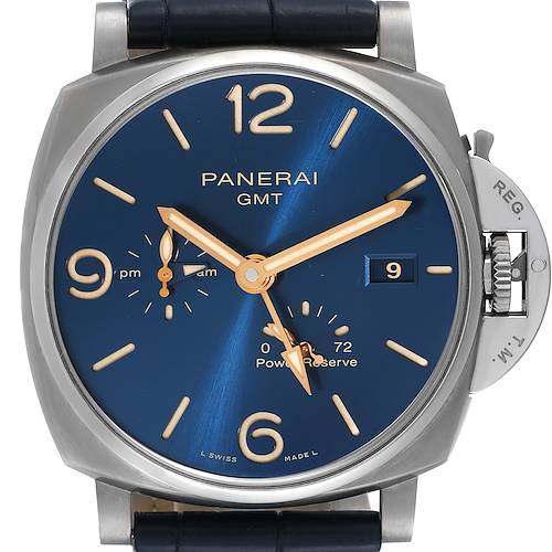 The image shows a front angle of the Panerai Luminor Due PAM00964 Men's Titanium Blue Dial PAM00964 Men's Titanium Blue Dial GMT watch, highlighting the dial, hands, crown, and power reserve indicator.