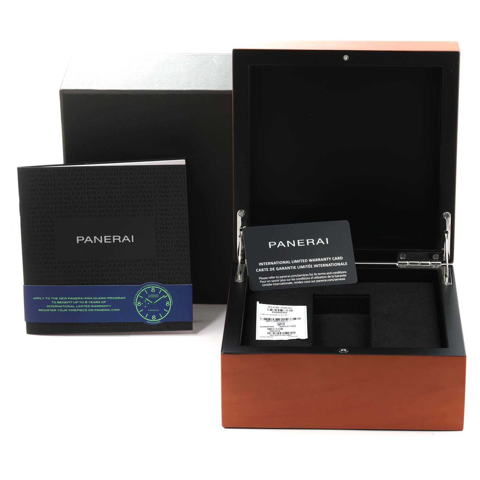 The image shows the packaging, warranty card, and manual of the Panerai Luminor Due PAM00964 Men's Titanium Blue Dial PAM00964 Men's Titanium Blue Dial model.