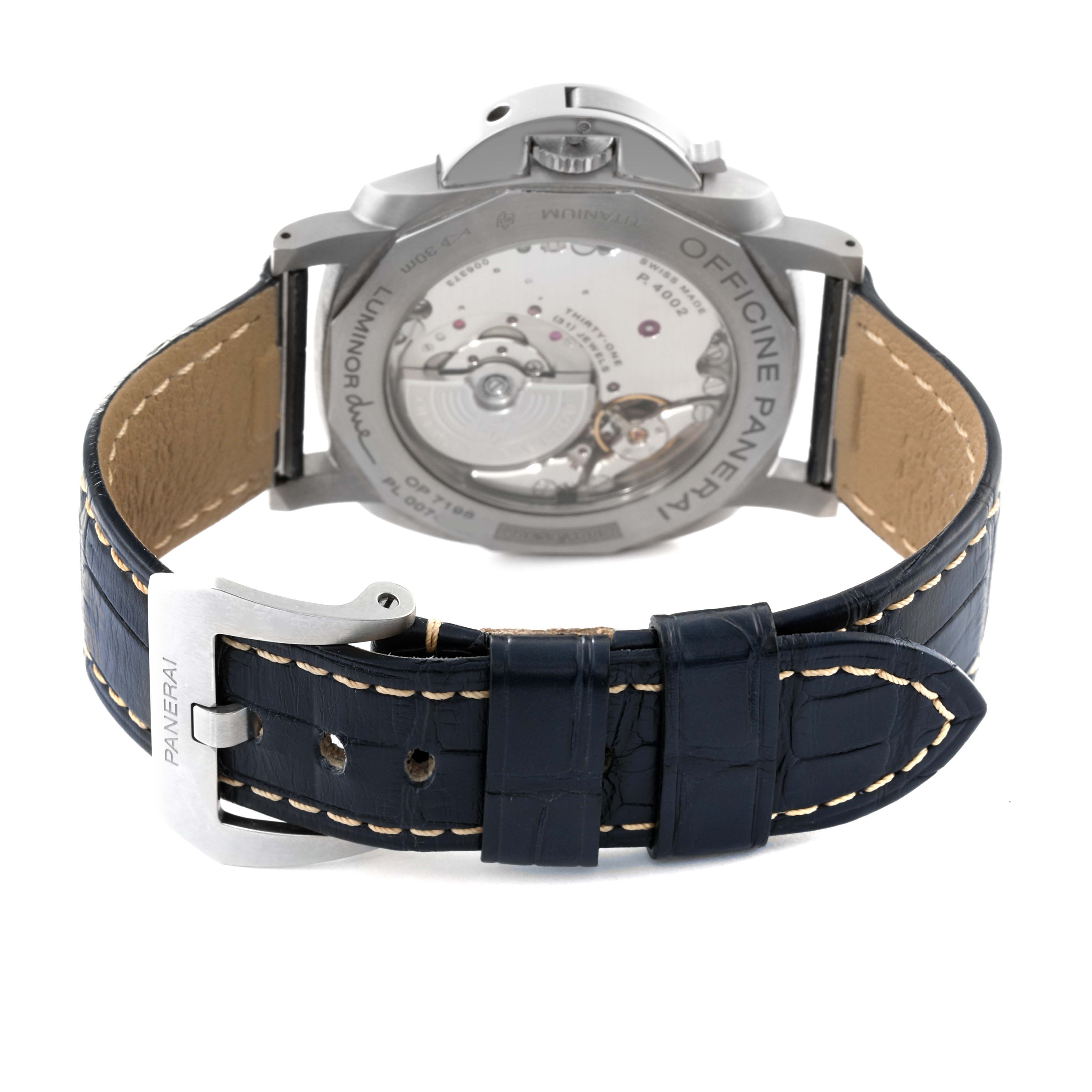 The image shows the back view of a Panerai Luminor Due PAM00964 Men's Titanium Blue Dial PAM00964 Men's Titanium Blue Dial watch, highlighting its transparent case back and dark leather strap with a buckle.