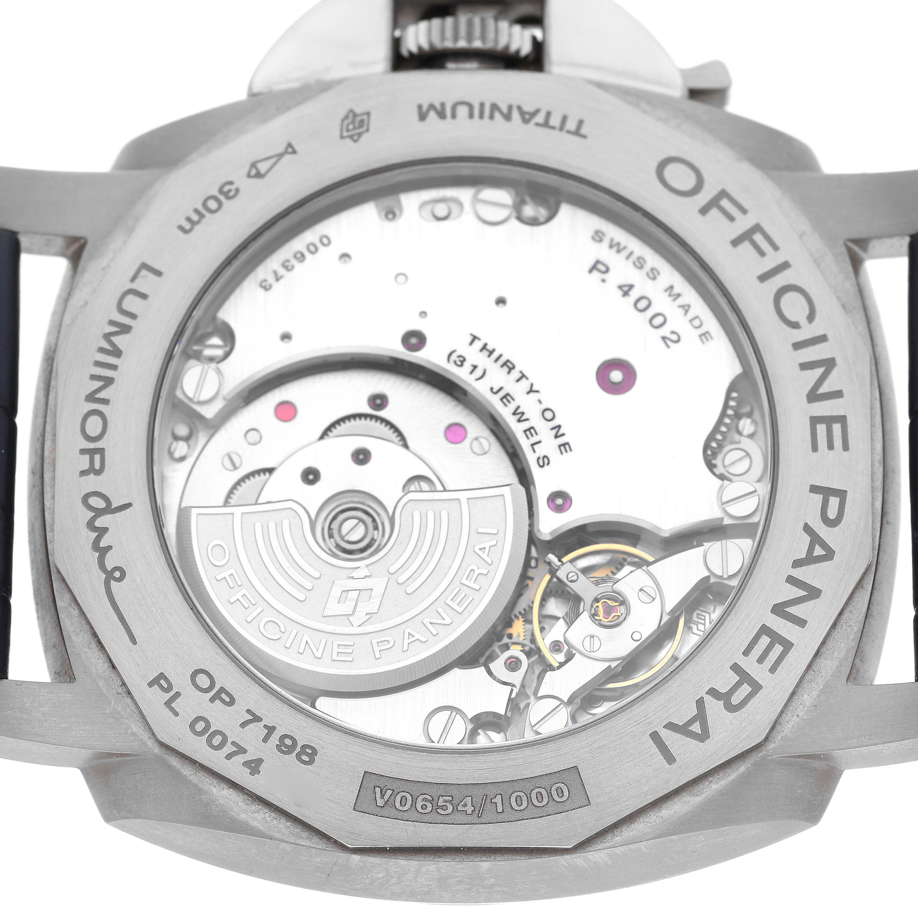 The image shows the back of the Panerai Luminor Due PAM00964 Men's Titanium Blue Dial PAM00964 Men's Titanium Blue Dial watch, revealing its internal mechanism and engravings.