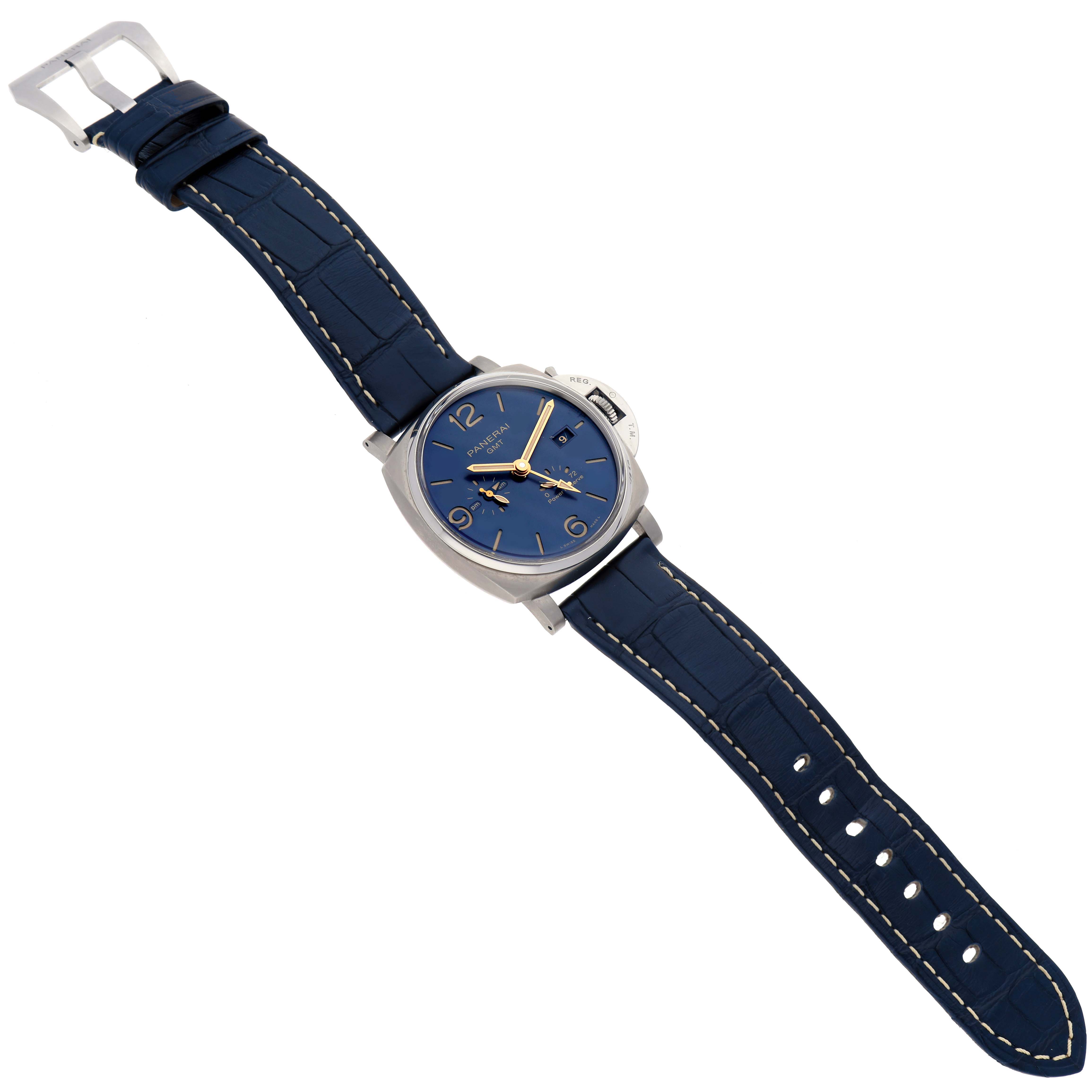 The image shows a top-down view of a Panerai Luminor Due PAM00964 Men's Titanium Blue Dial PAM00964 Men's Titanium Blue Dial watch with a blue dial and blue leather strap.