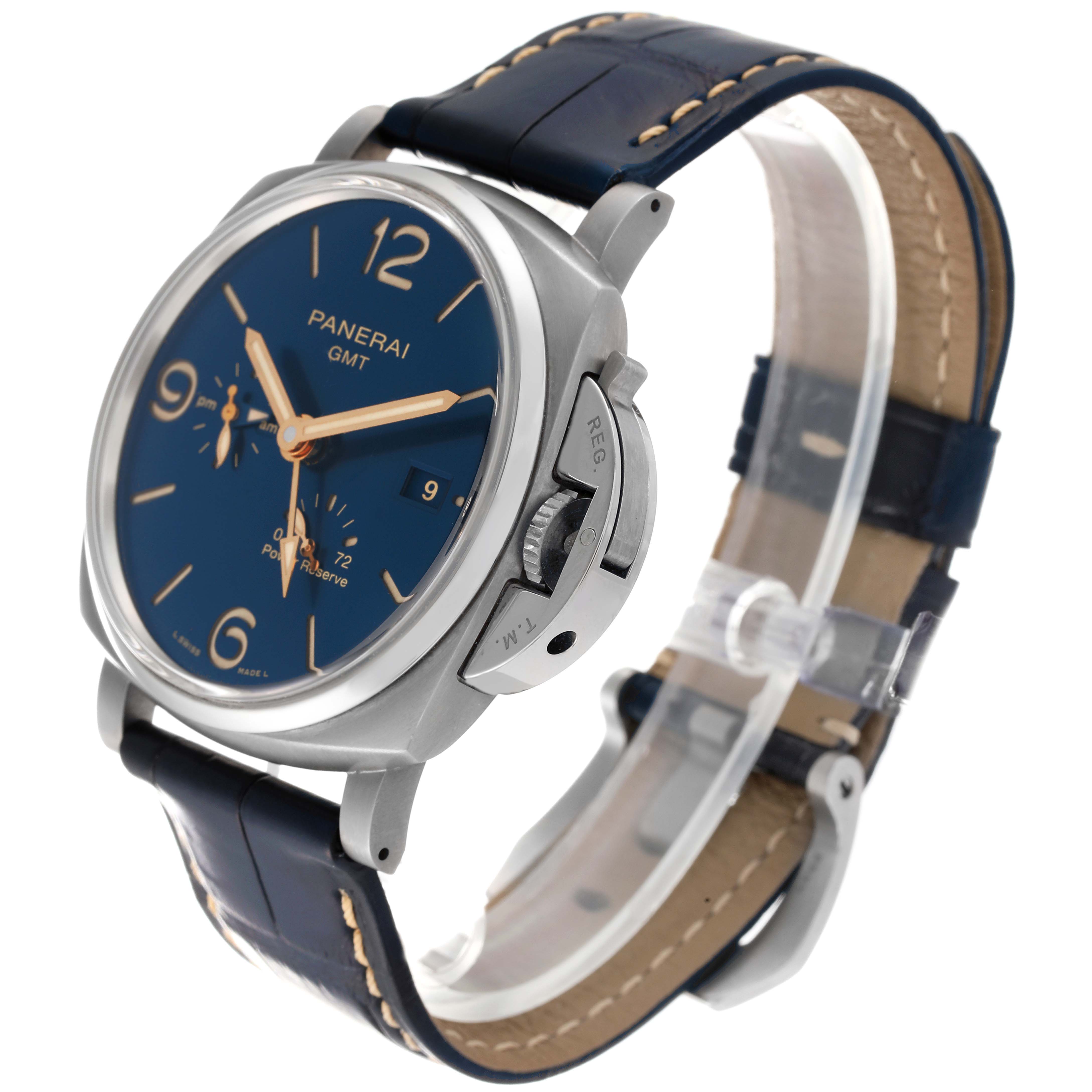The image shows a side angle of a Panerai Luminor Due PAM00964 Men's Titanium Blue Dial PAM00964 Men's Titanium Blue Dial watch, highlighting the face, crown, and blue leather strap.