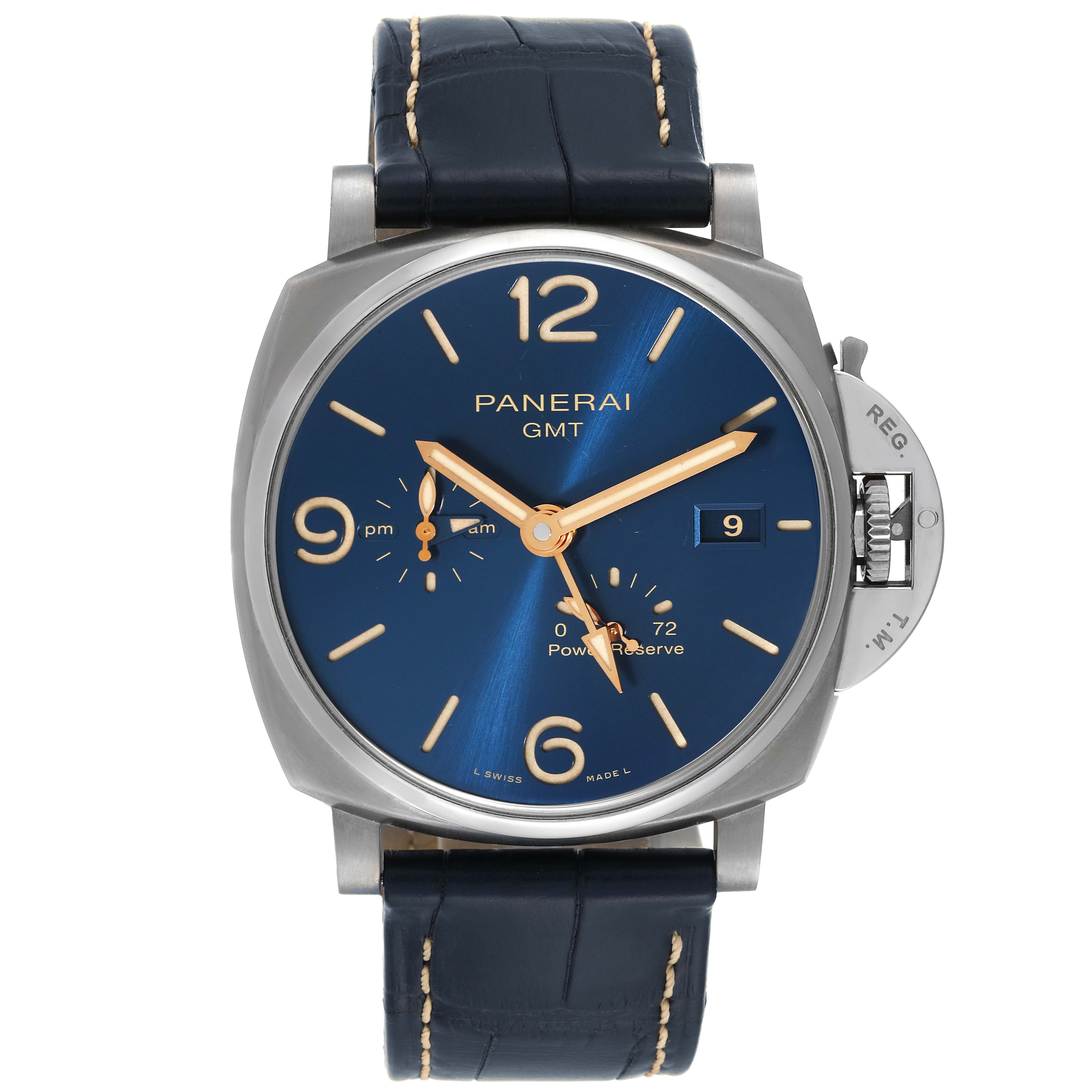 The image shows a front view of the Panerai Luminor Due PAM00964 Men's Titanium Blue Dial PAM00964 Men's Titanium Blue Dial watch, showcasing its dial, hands, and strap.