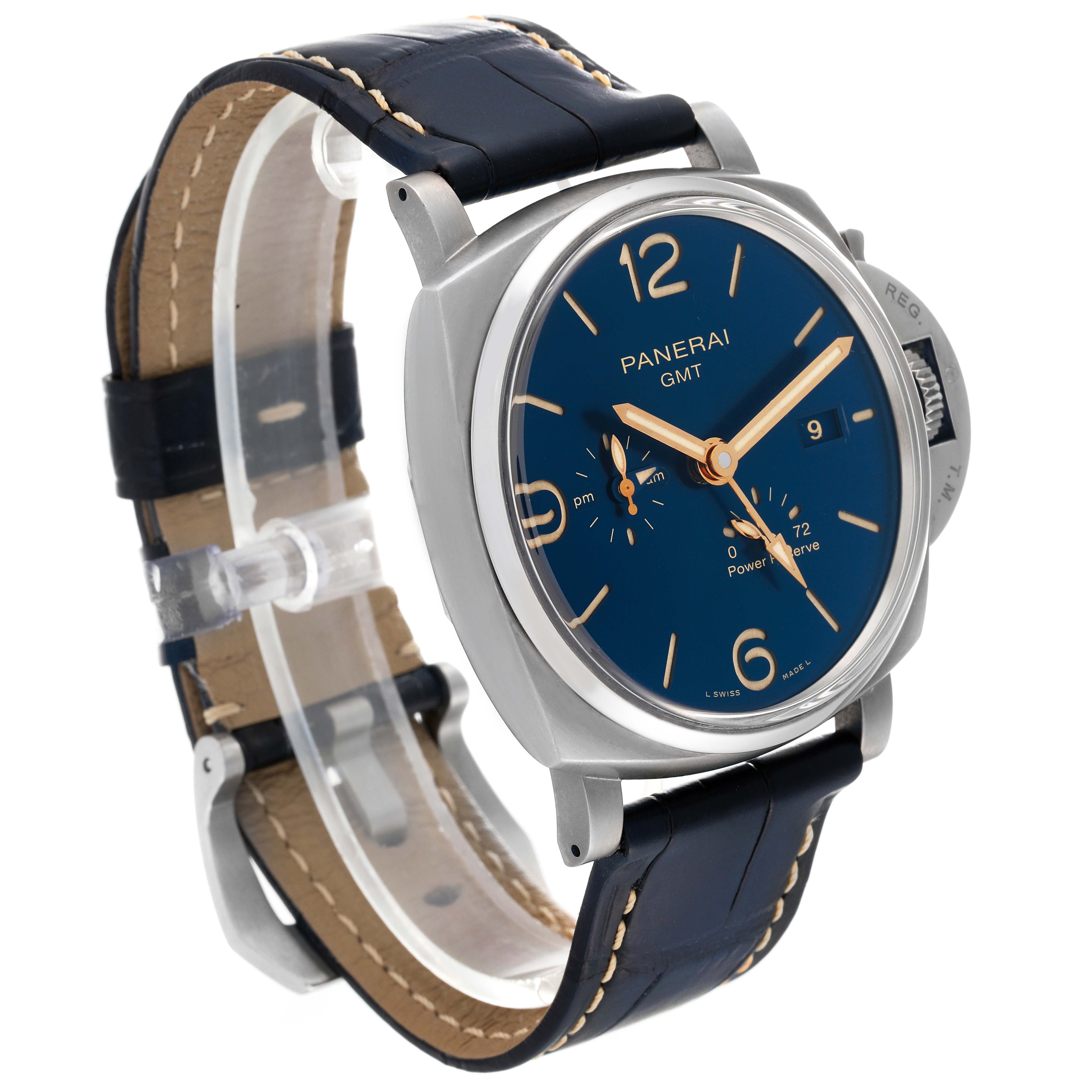 The image shows a Panerai Luminor Due PAM00964 Men's Titanium Blue Dial PAM00964 Men's Titanium Blue Dial model watch at a three-quarter angle, highlighting its blue dial, leather strap, and side crown.