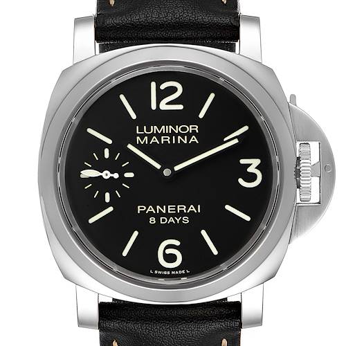 The image shows a close-up, front view of a Panerai Luminor 30562 Men's Stainless Steel Black Dial 30562 Men's Stainless Steel Black Dial Marina watch, highlighting its dial and crown guard.