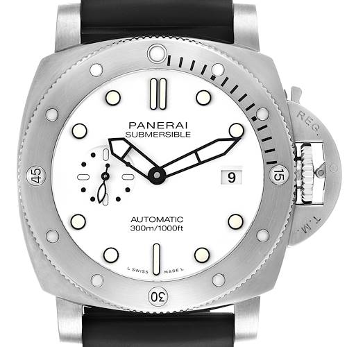 The Panerai Submersible PAM01226 Men's Stainless Steel White Dial PAM01226 Men's Stainless Steel White Dial watch is shown from a front angle, displaying the dial, bezel, and crown guard.