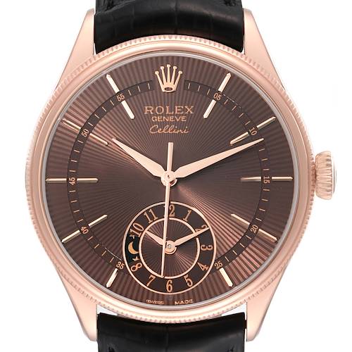 This image shows a front view of a Rolex Cellini 50525 Men's Rose Gold Brown Dial 50525 Men's Rose Gold Brown Dial watch, highlighting its dial, hands, and crown.