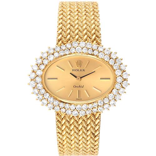 This image shows a front view of a Rolex Cellini 2674 Women's Yellow Gold Champagne Dial 2674 Women's Yellow Gold Champagne Dial model watch, featuring a gold bracelet and diamond-studded bezel.