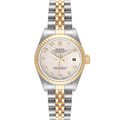 This image shows a frontal view of a Rolex Datejust 69173 Women's Steel and Gold (two tone) Beige Dial 69173 Women's Steel and Gold (two tone) Beige Dial watch, highlighting its dial, bezel, and bracelet.