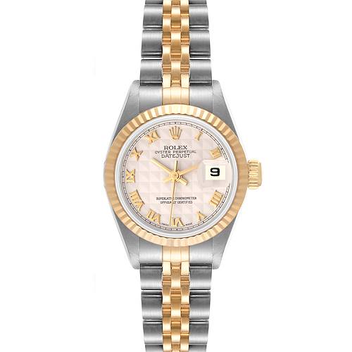 The image shows a front view of the Rolex Datejust 69173 Women's Steel and Gold (two tone) Beige Dial 69173 Women's Steel and Gold (two tone) Beige Dial watch, highlighting its two-tone bracelet, dial, hands, and date window.
