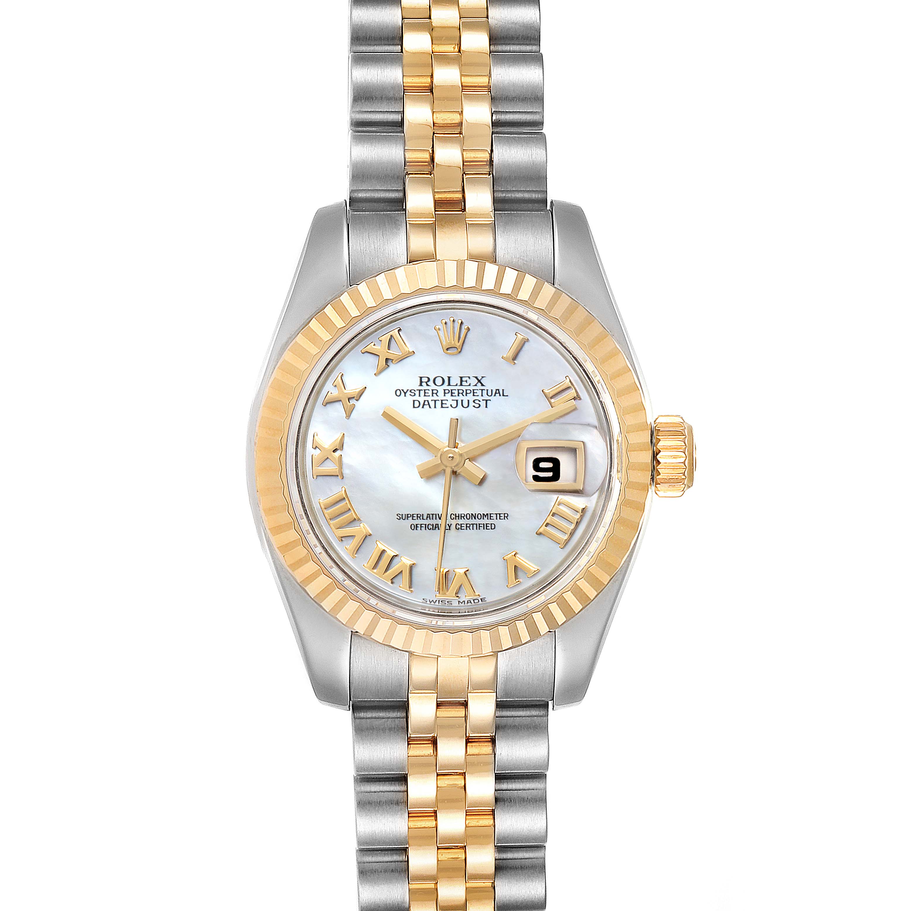 This Rolex Datejust 179173 Women's Steel and Gold (two tone) Mother of Pearl Dial 179173 Women's Steel and Gold (two tone) Mother of Pearl Dial model watch is shown from a straight-on angle, showcasing its face, bezel, and bracelet in full.