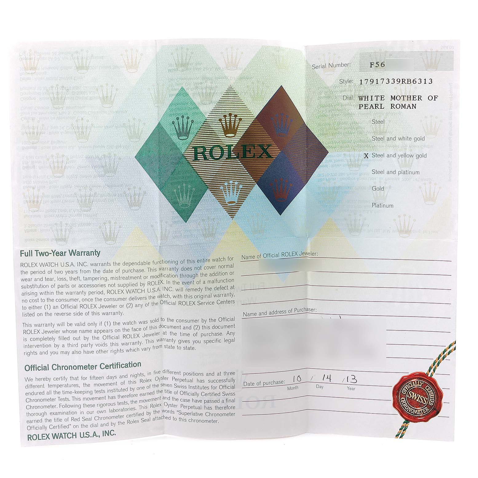 This image shows a Rolex Datejust 179173 Women's Steel and Gold (two tone) Mother of Pearl Dial 179173 Women's Steel and Gold (two tone) Mother of Pearl Dial model warranty and certification card from a frontal angle.