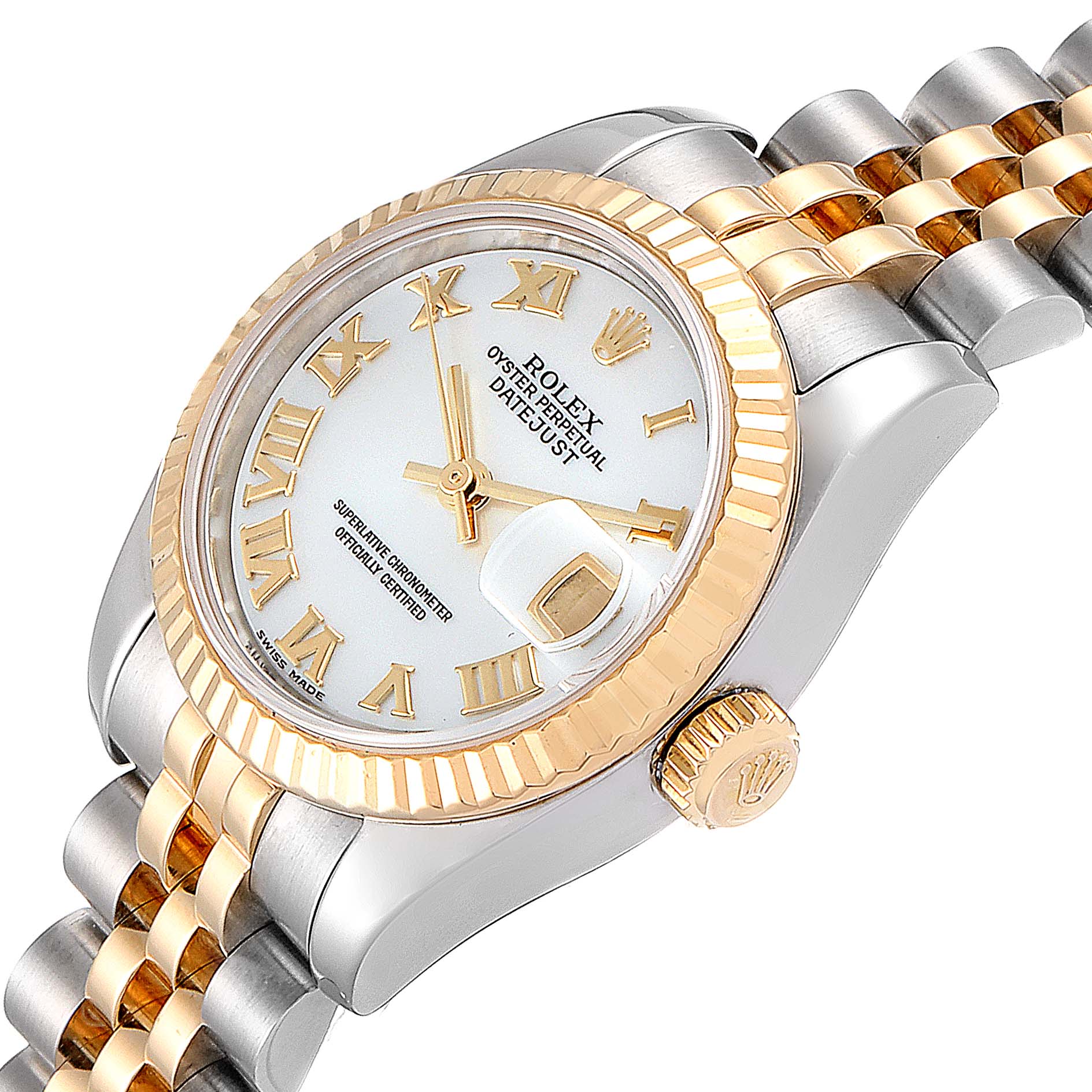 The image shows a Rolex Datejust 179173 Women's Steel and Gold (two tone) Mother of Pearl Dial 179173 Women's Steel and Gold (two tone) Mother of Pearl Dial watch at a slight angle, highlighting the face, bezel, crown, and part of the bracelet.