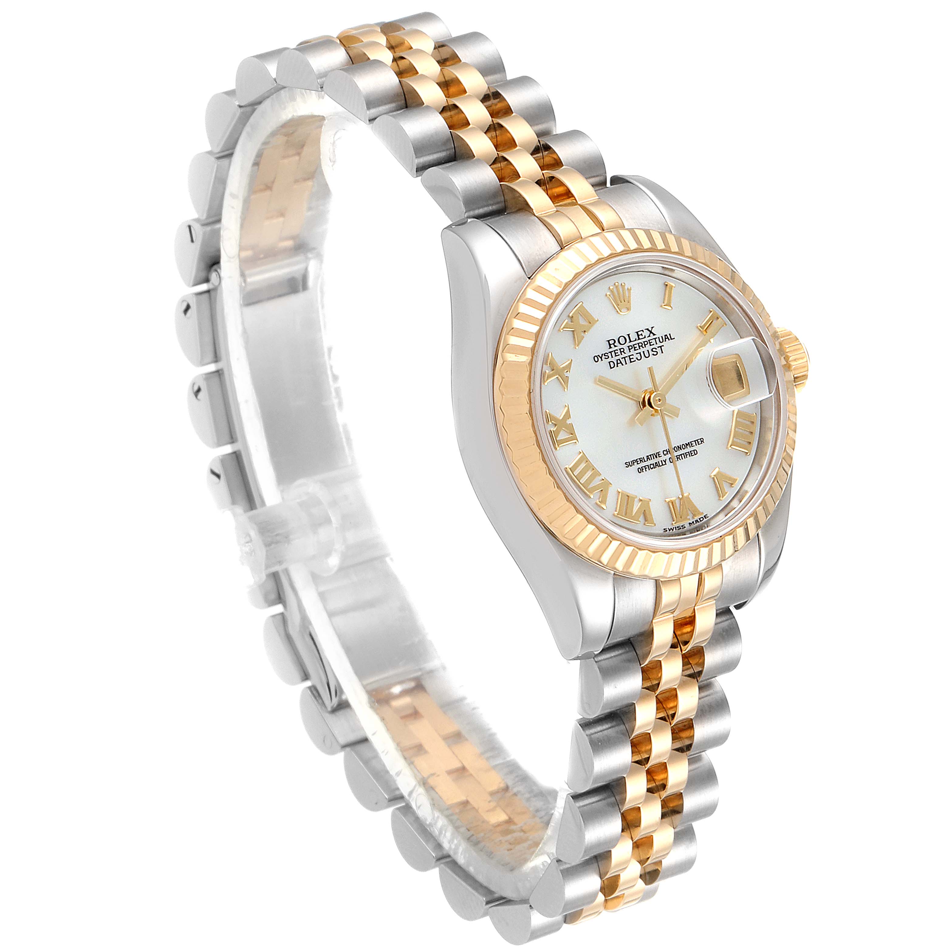 The Rolex Datejust 179173 Women's Steel and Gold (two tone) Mother of Pearl Dial 179173 Women's Steel and Gold (two tone) Mother of Pearl Dial watch is shown at an angled view, displaying the face, bezel, and two-tone bracelet.
