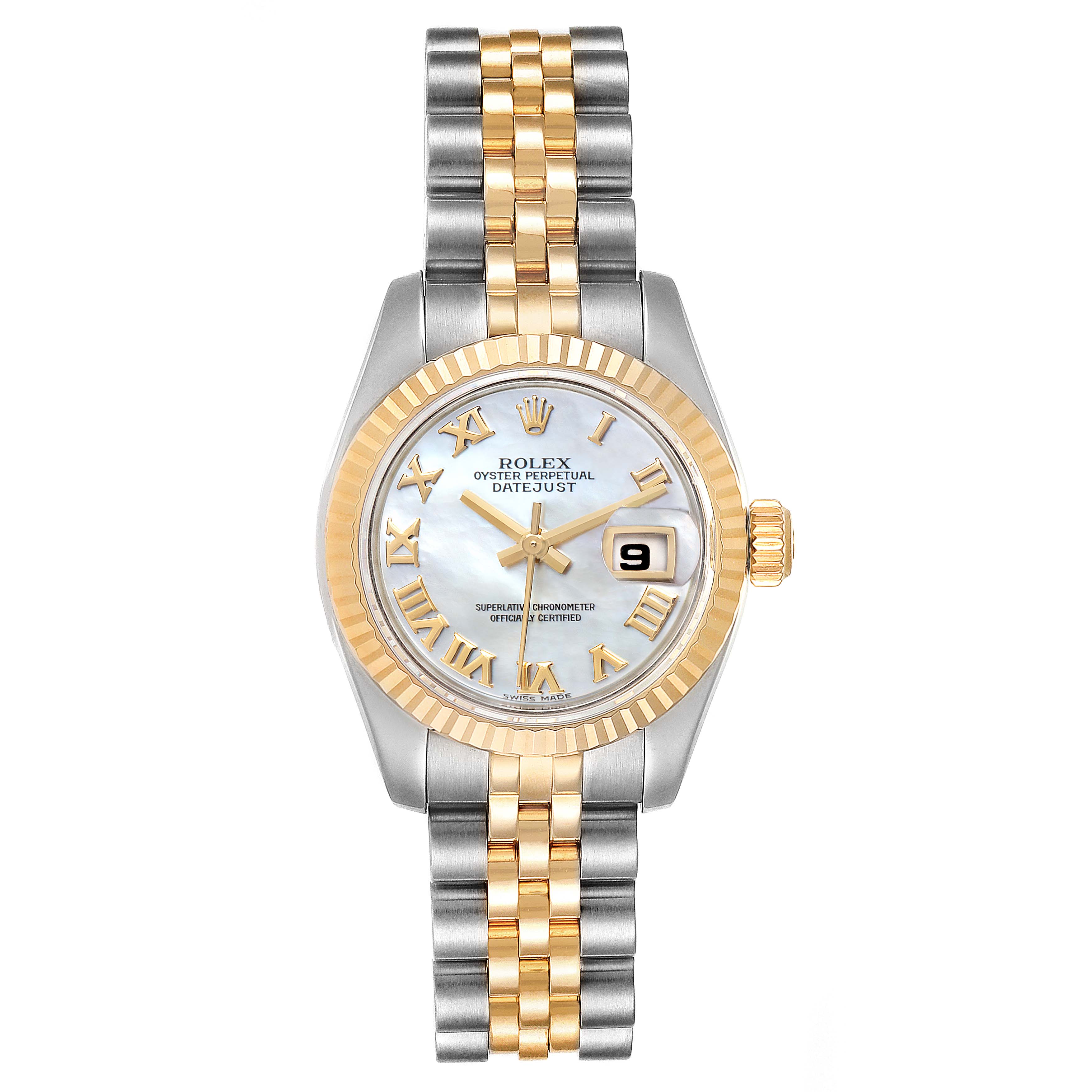 This Rolex Datejust 179173 Women's Steel and Gold (two tone) Mother of Pearl Dial 179173 Women's Steel and Gold (two tone) Mother of Pearl Dial watch is shown from the front, featuring a two-tone bracelet, white dial, gold Roman numerals, and a date display.