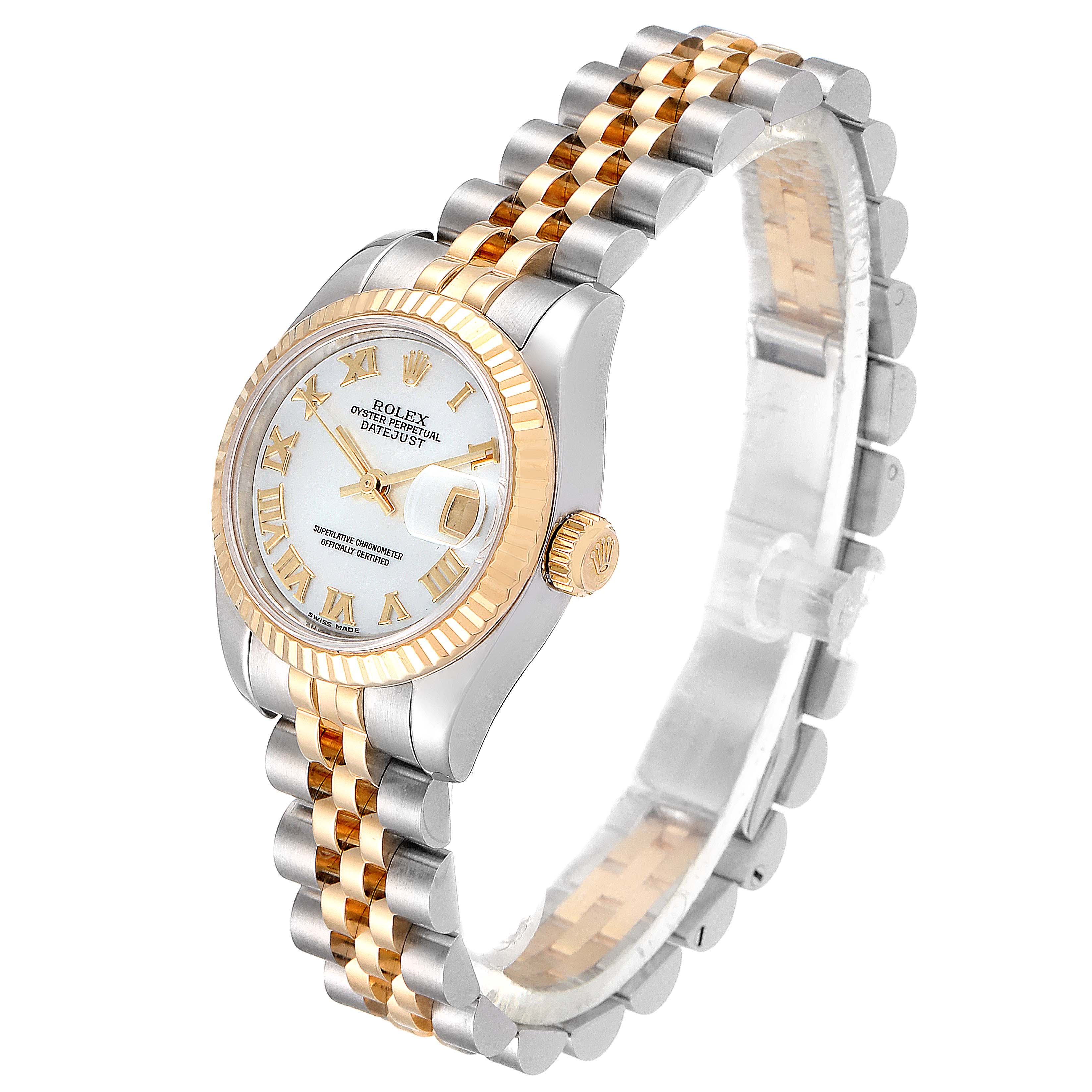 This image shows a Rolex Datejust 179173 Women's Steel and Gold (two tone) Mother of Pearl Dial 179173 Women's Steel and Gold (two tone) Mother of Pearl Dial watch from a front-right angle displaying its dial, bezel, crown, and jubilee bracelet.