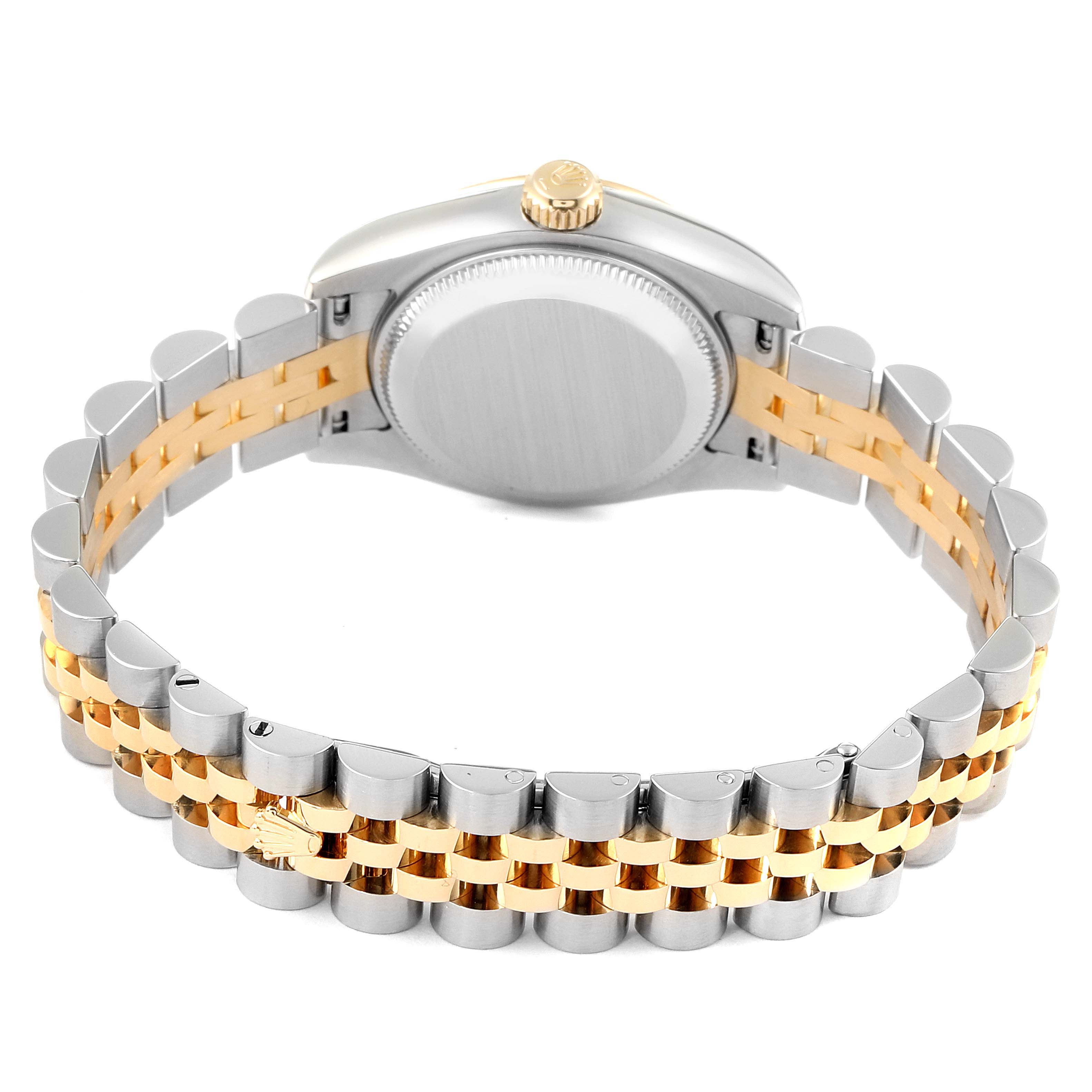 The image shows the back view of a Rolex Datejust 179173 Women's Steel and Gold (two tone) Mother of Pearl Dial 179173 Women's Steel and Gold (two tone) Mother of Pearl Dial watch, focusing on the case back, crown, and two-tone Jubilee bracelet.