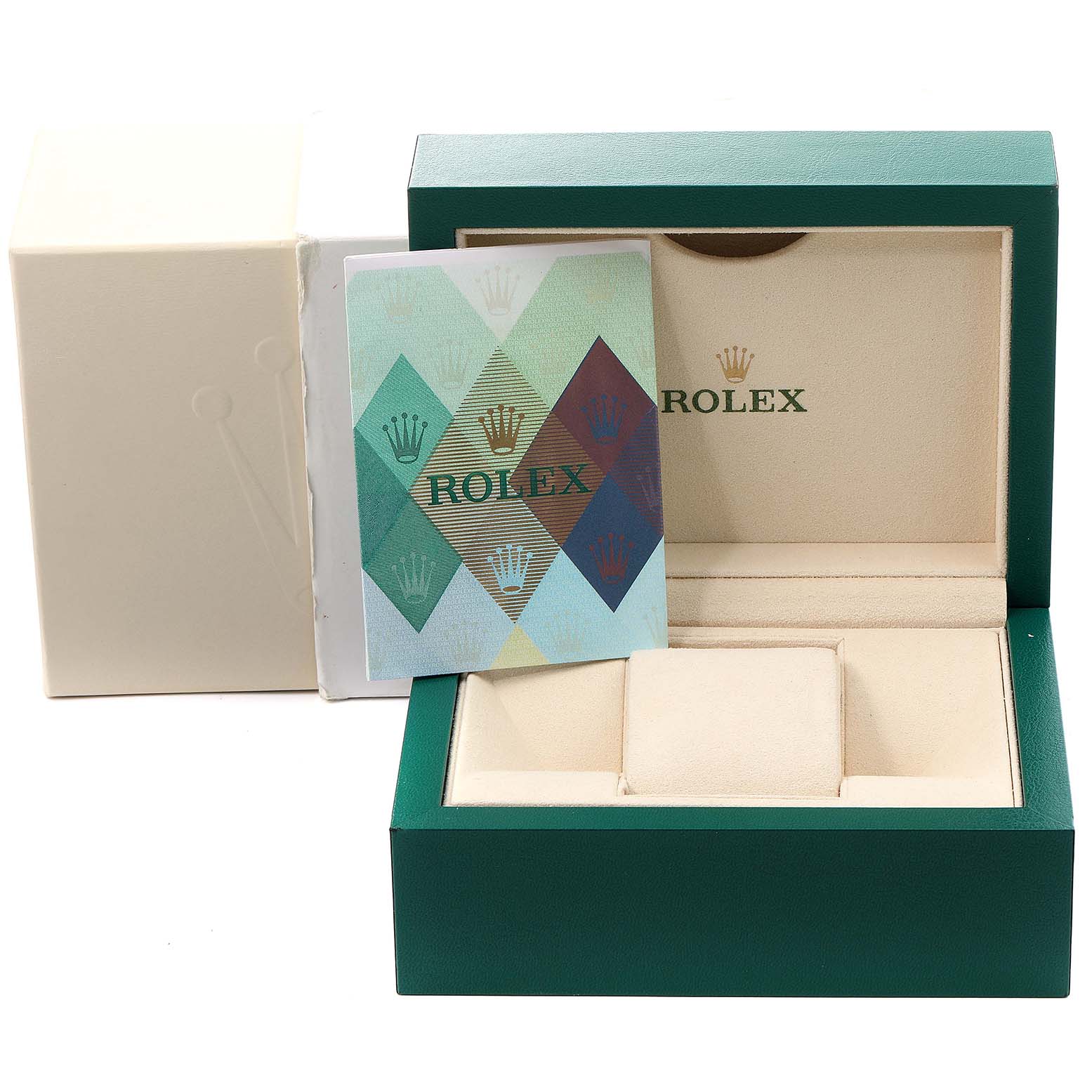 The image shows an open Rolex Datejust 179173 Women's Steel and Gold (two tone) Mother of Pearl Dial 179173 Women's Steel and Gold (two tone) Mother of Pearl Dial watch box, a beige inner case, and an authenticity card from a front angle.