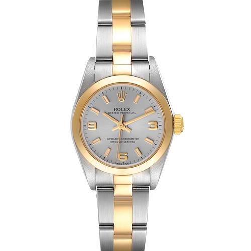 The Rolex Oyster Perpetual 76183 Women's Steel and Gold (two tone) Grey Dial 76183 Women's Steel and Gold (two tone) Grey Dial watch is shown from a top view, displaying its dial, bezel, and bracelet.