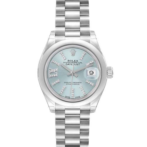 This image shows a frontal view of a Rolex President 279166 Women's Platinum Blue Dial 279166 Women's Platinum Blue Dial model watch, including its band, dial, hands, and date window.