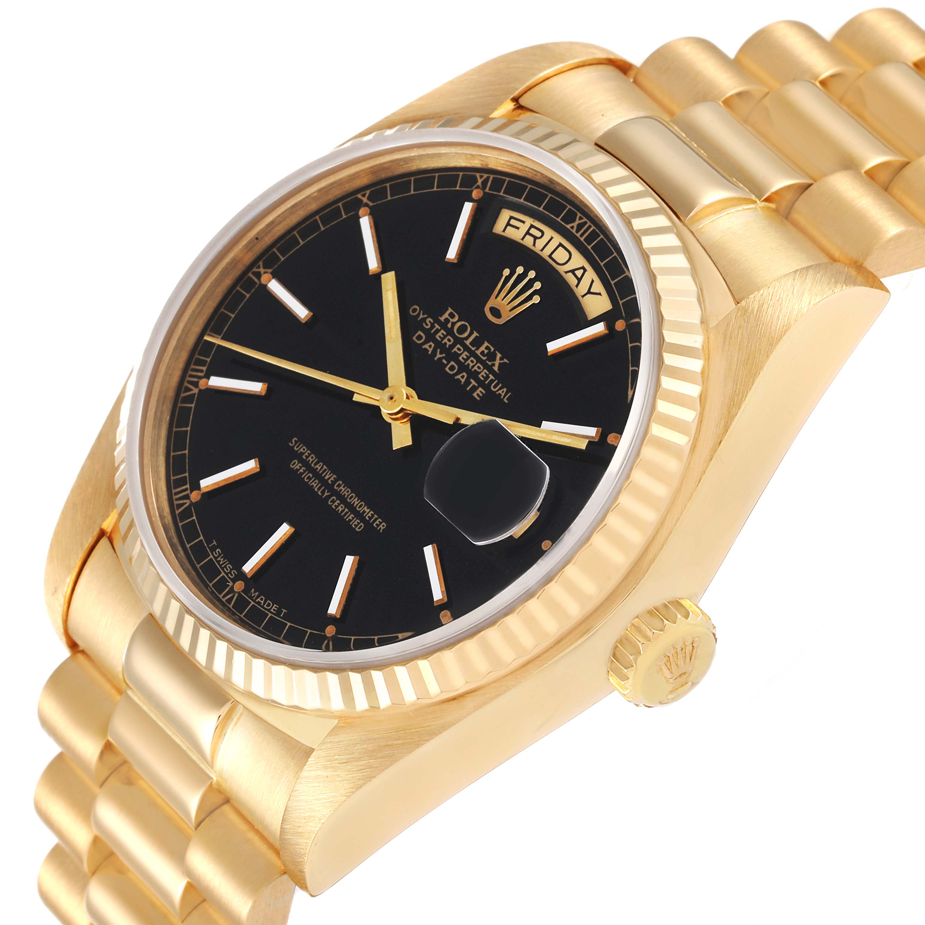 This image shows an angled view of a Rolex President 18038 Men's Yellow Gold Black Dial 18038 Men's Yellow Gold Black Dial model watch, highlighting the black dial, day display, and gold bracelet.