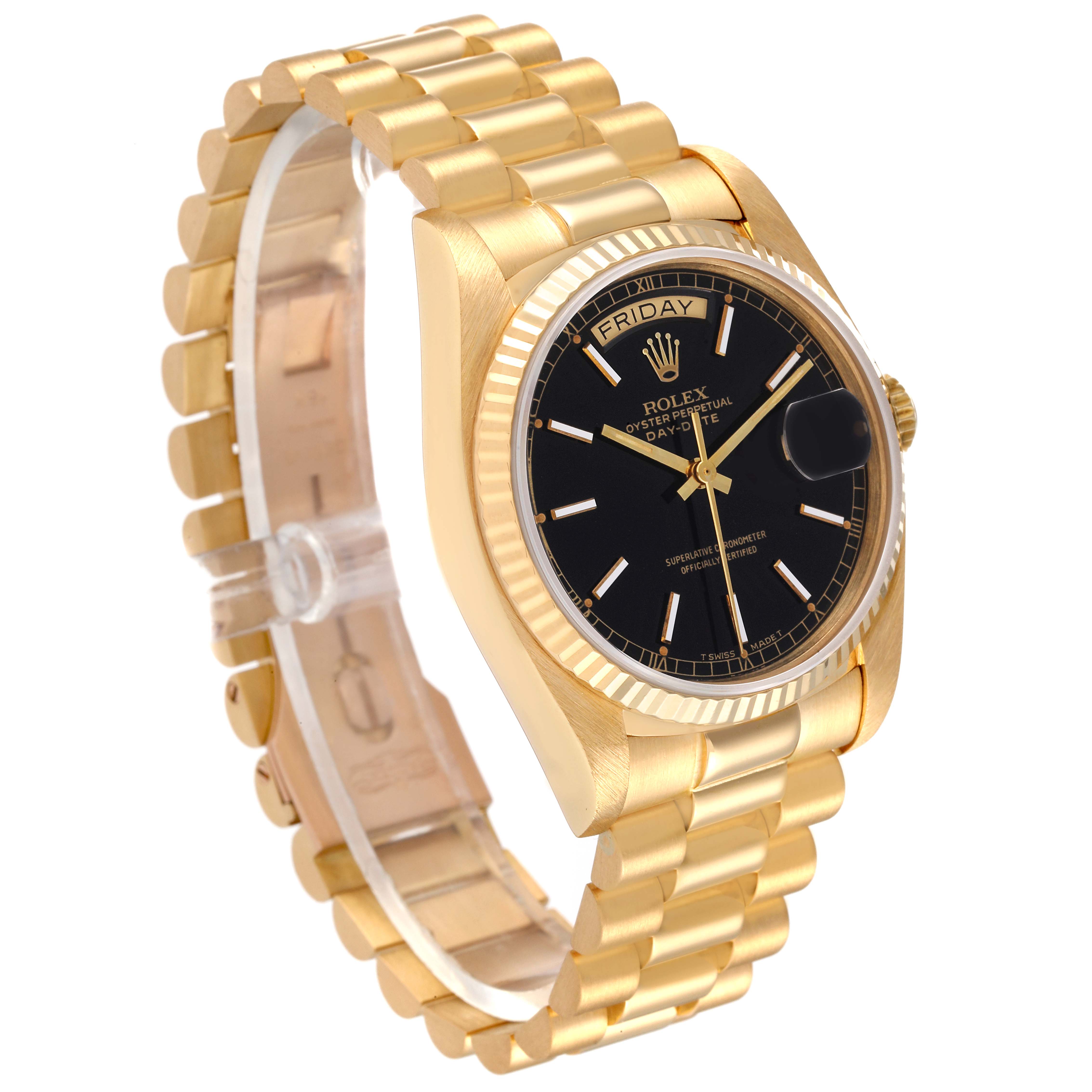 The image shows a Rolex President 18038 Men's Yellow Gold Black Dial 18038 Men's Yellow Gold Black Dial model watch from an angled side view, highlighting the black dial, fluted bezel, and gold bracelet.