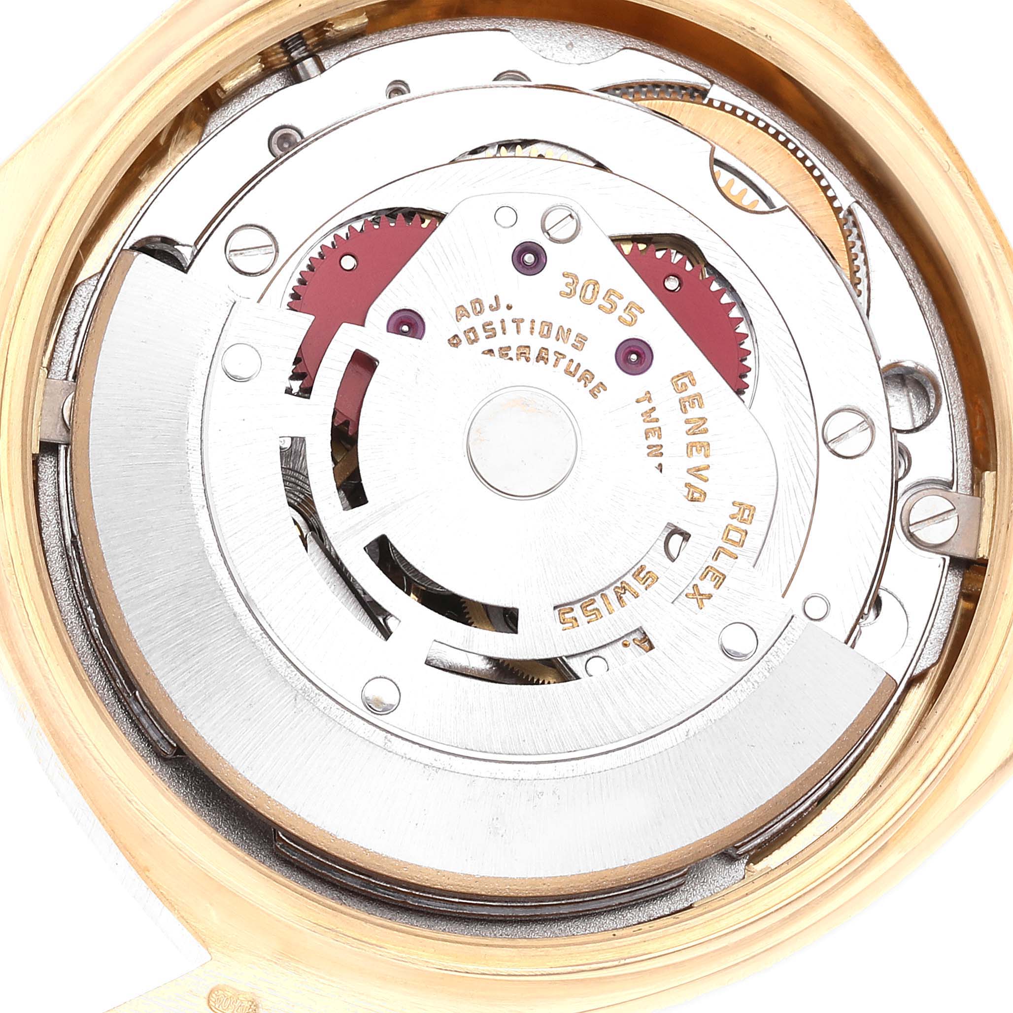 This image shows the internal mechanism and movement of a Rolex President 18038 Men's Yellow Gold Black Dial 18038 Men's Yellow Gold Black Dial model watch from a top-down angle.