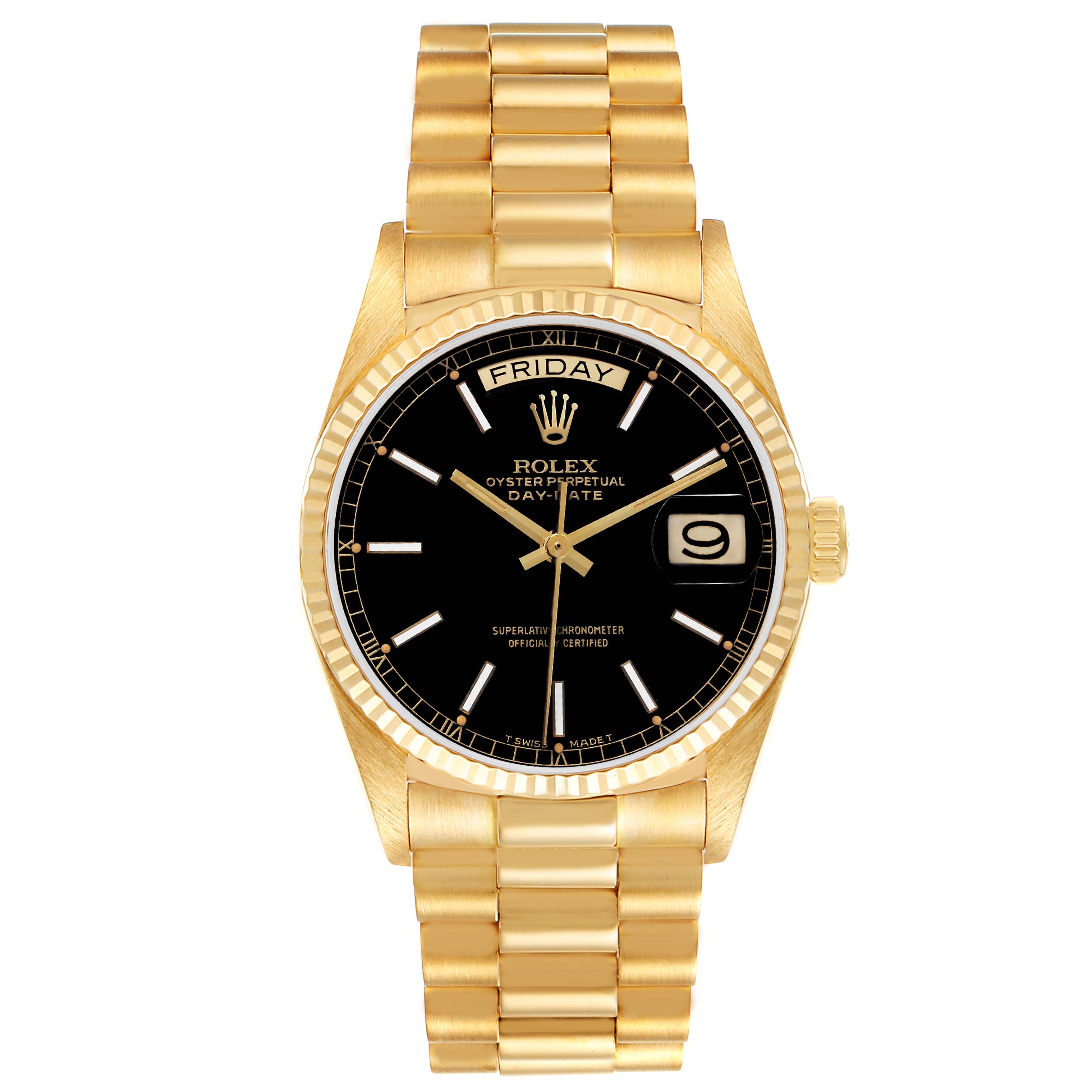 This image displays a front view of the Rolex President 18038 Men's Yellow Gold Black Dial 18038 Men's Yellow Gold Black Dial model, showcasing its black dial, day and date features, and gold bracelet.