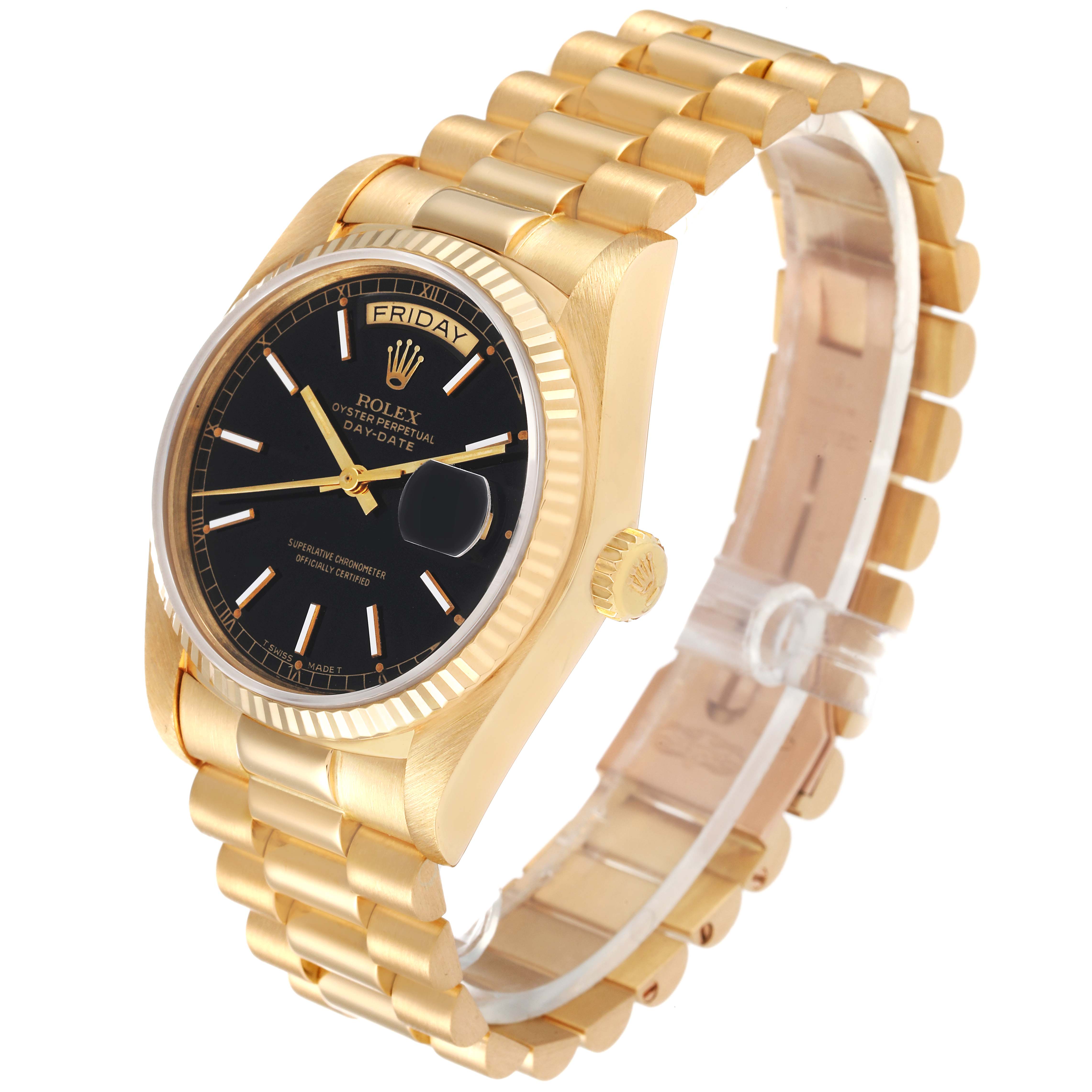 The image shows a Rolex President 18038 Men's Yellow Gold Black Dial 18038 Men's Yellow Gold Black Dial model watch from an angled front perspective, highlighting its gold case, black dial, and bracelet.