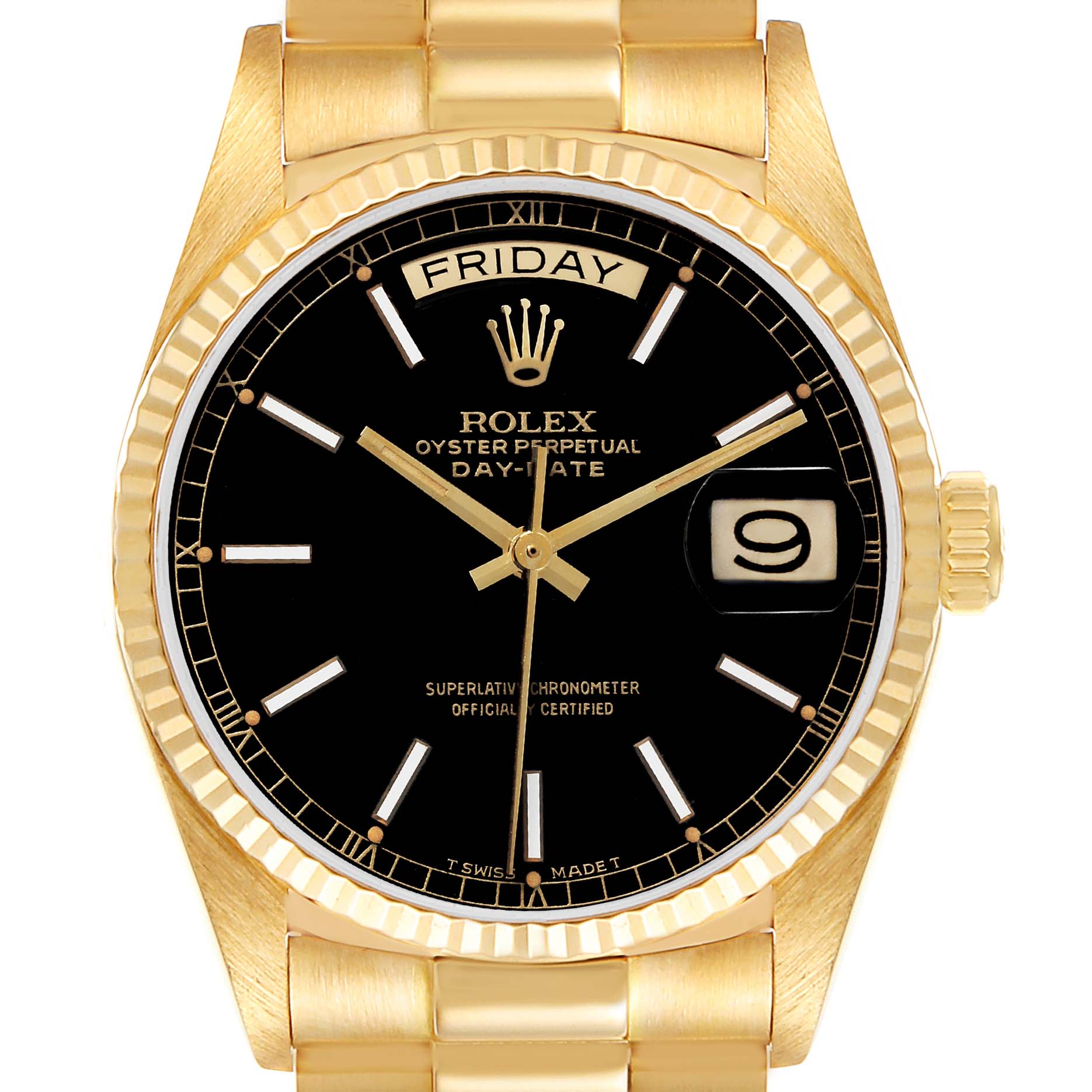 The image shows a front view of a Rolex President 18038 Men's Yellow Gold Black Dial 18038 Men's Yellow Gold Black Dial model watch, highlighting its black dial, gold bezel, day-date features, and bracelet.