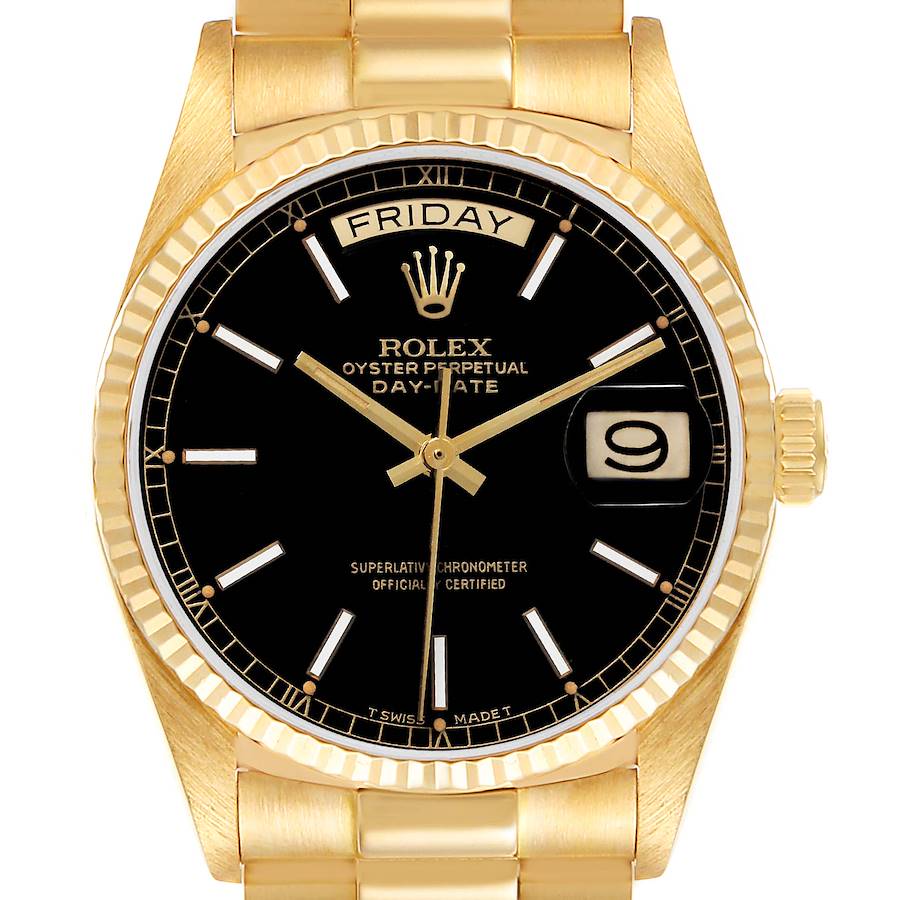 The image shows a front view of a Rolex President 18038 Men's Yellow Gold Black Dial 18038 Men's Yellow Gold Black Dial model watch, highlighting its black dial, gold bezel, day-date features, and bracelet.