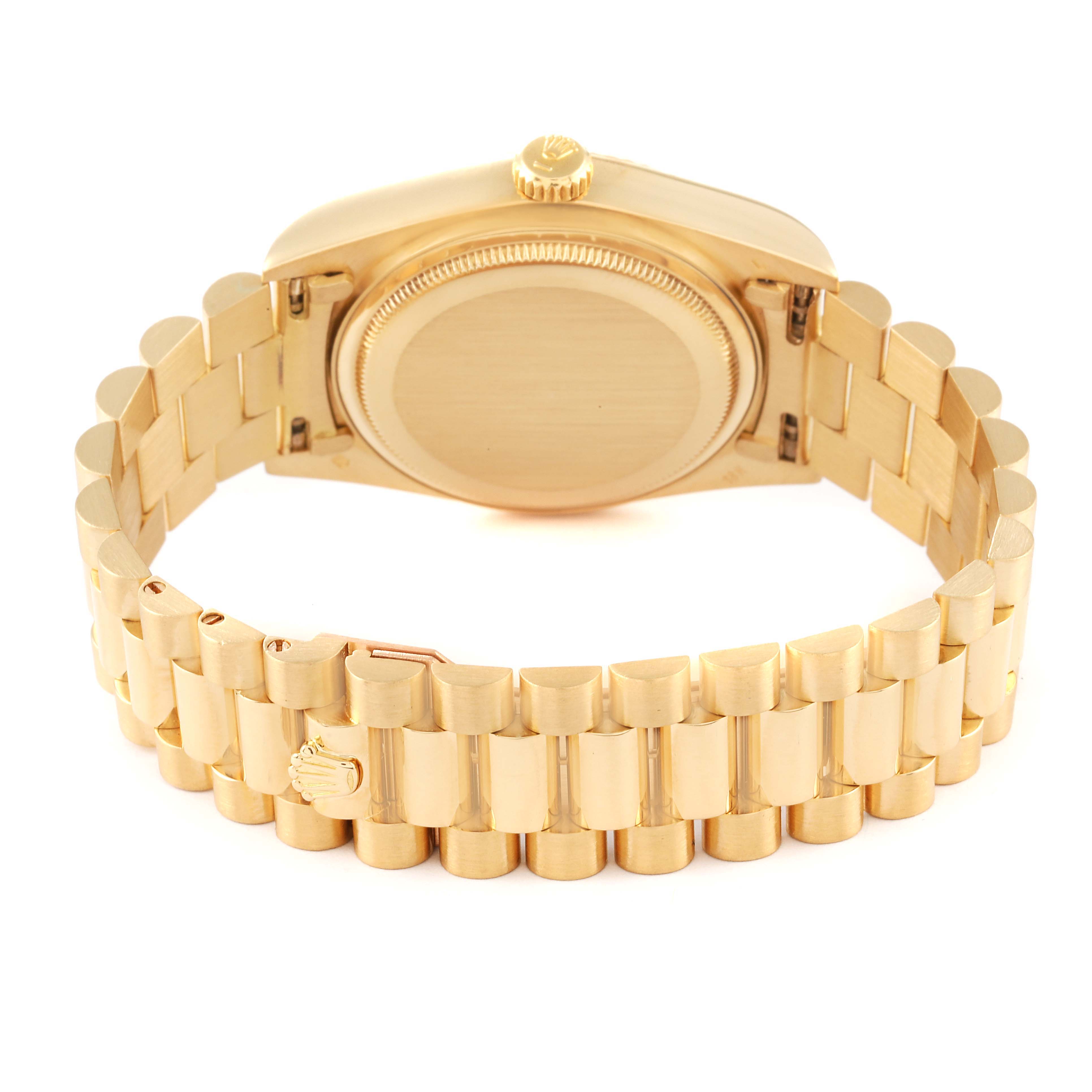 This image shows the back case and bracelet of a Rolex President 18038 Men's Yellow Gold Black Dial 18038 Men's Yellow Gold Black Dial model watch, viewed from the rear.