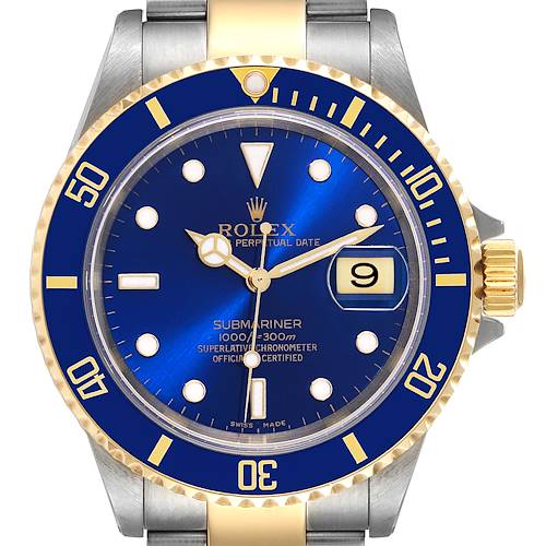The image shows a head-on view of the Rolex Submariner 16613 Men's Steel and Gold (two tone) Blue Dial 16613 Men's Steel and Gold (two tone) Blue Dial watch, highlighting its blue dial, date window, and bezel.