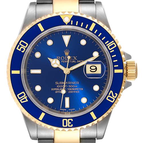 The Rolex Submariner 16613 Men's Steel and Gold (two tone) Blue Dial 16613 Men's Steel and Gold (two tone) Blue Dial watch is shown from the front, displaying its blue dial, date function, bezel, and part of the bracelet.