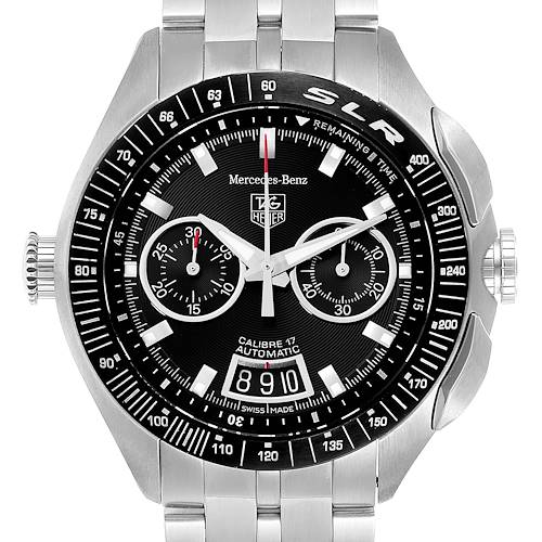 The image shows a head-on view of the Tag Heuer SLR CAG2111.BA0253 Men's Stainless Steel Black Dial CAG2111.BA0253 Men's Stainless Steel Black Dial watch, displaying the dial, bezel, and part of the stainless steel bracelet.