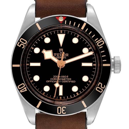 The image shows a frontal view of a Tudor Heritage Black Bay M79030N-0001 Men's Stainless Steel Black Dial M79030N-0001 Men's Stainless Steel Black Dial watch with a brown leather strap.