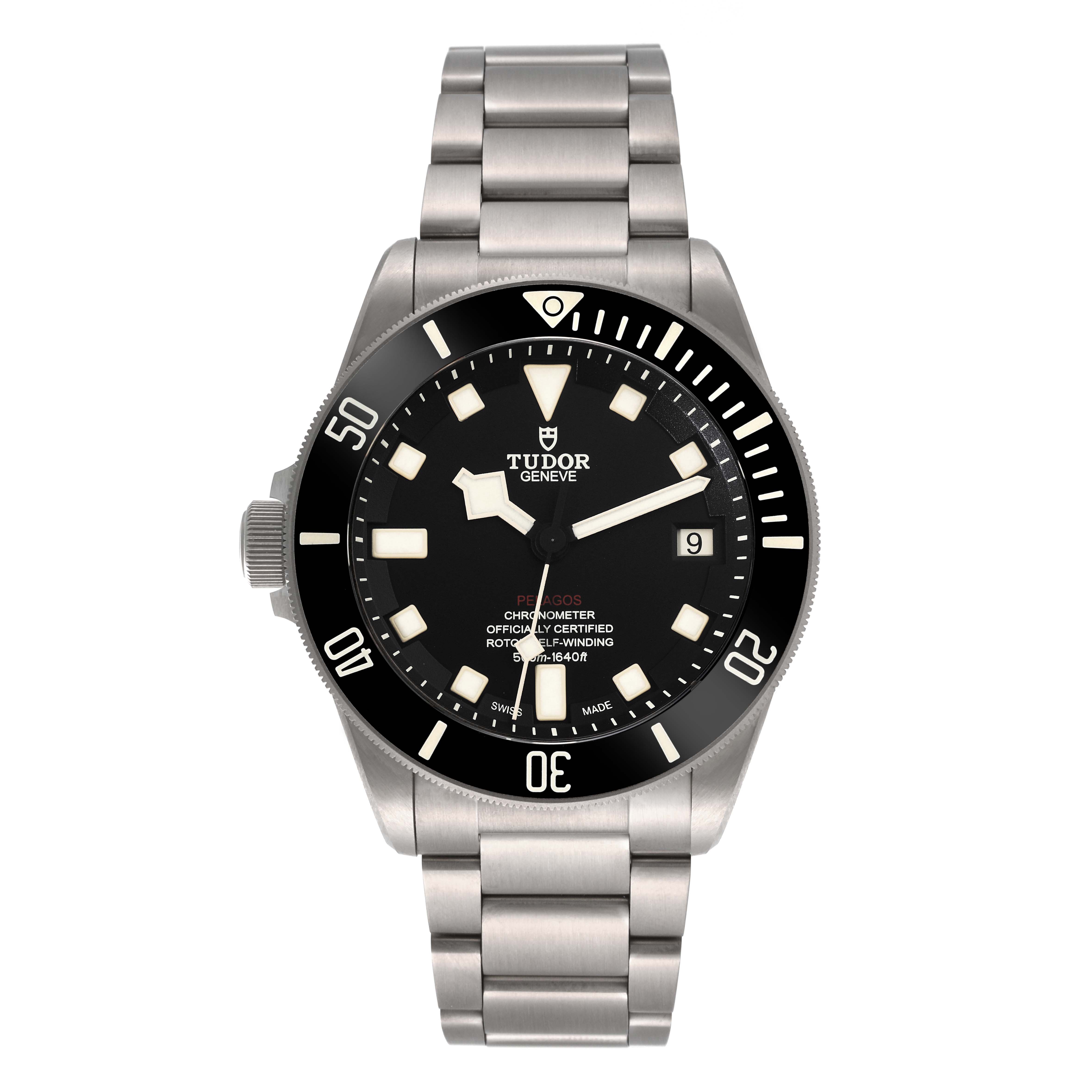 This image shows a front view of the Tudor Pelagos 25610TNL Men's Titanium Black Dial 25610TNL Men's Titanium Black Dial watch, including its face, bezel, and stainless steel bracelet.
