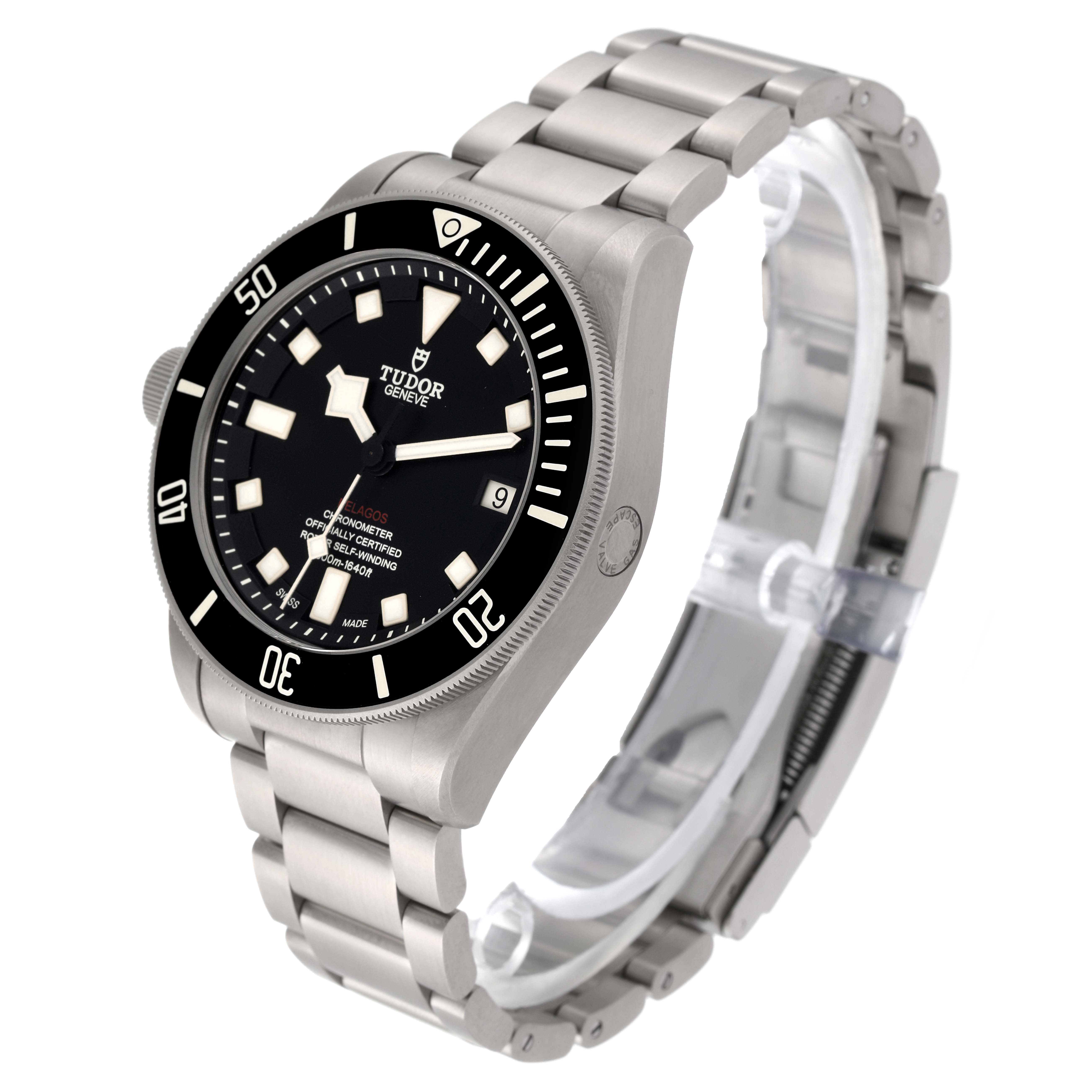 The Tudor Pelagos 25610TNL Men's Titanium Black Dial 25610TNL Men's Titanium Black Dial watch is shown from a front angle, displaying its face, bezel, and metal bracelet.