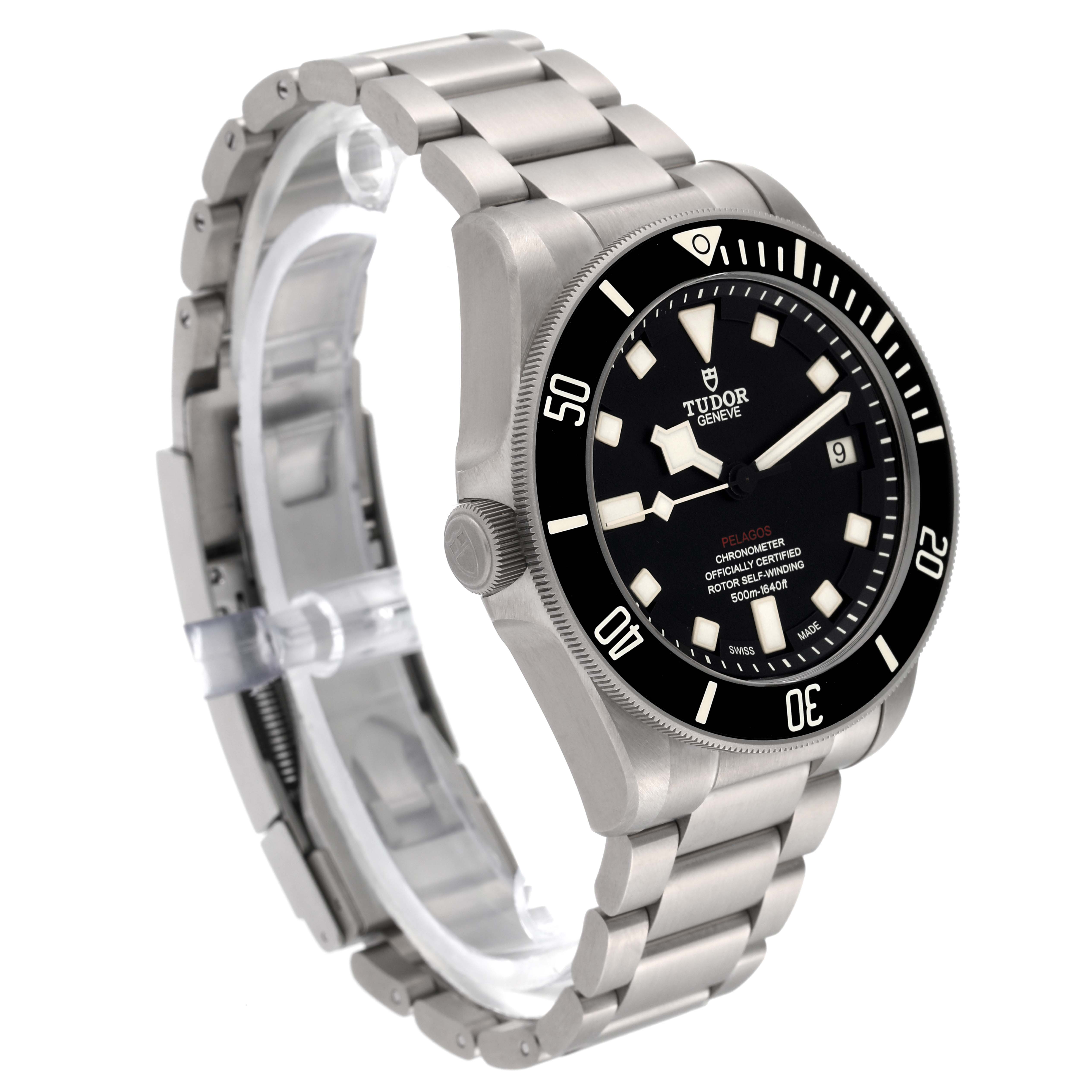 The image shows a Tudor Pelagos 25610TNL Men's Titanium Black Dial 25610TNL Men's Titanium Black Dial watch at a 3/4 angle, highlighting the face, bezel, crown, and metal bracelet.