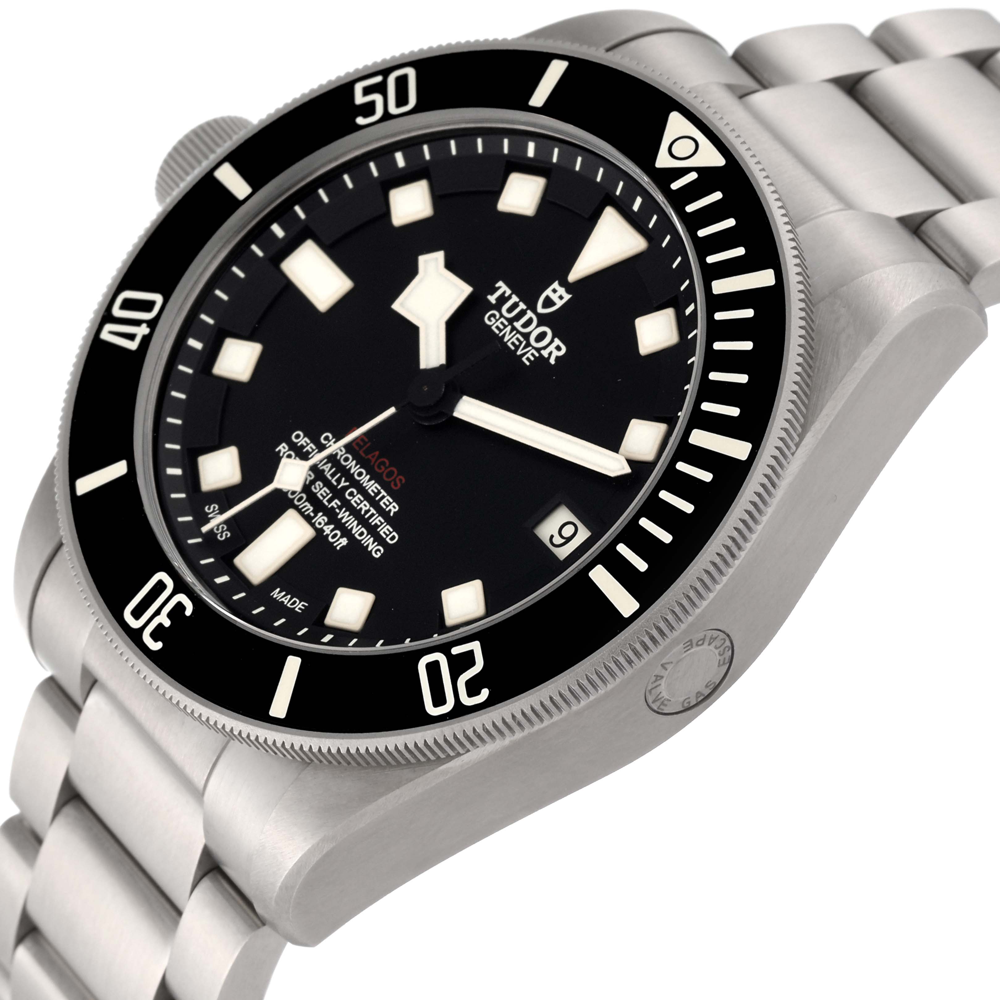 The image shows the Tudor Pelagos 25610TNL Men's Titanium Black Dial 25610TNL Men's Titanium Black Dial watch at a slight angle from the front, highlighting its dial, bezel, and part of the bracelet.