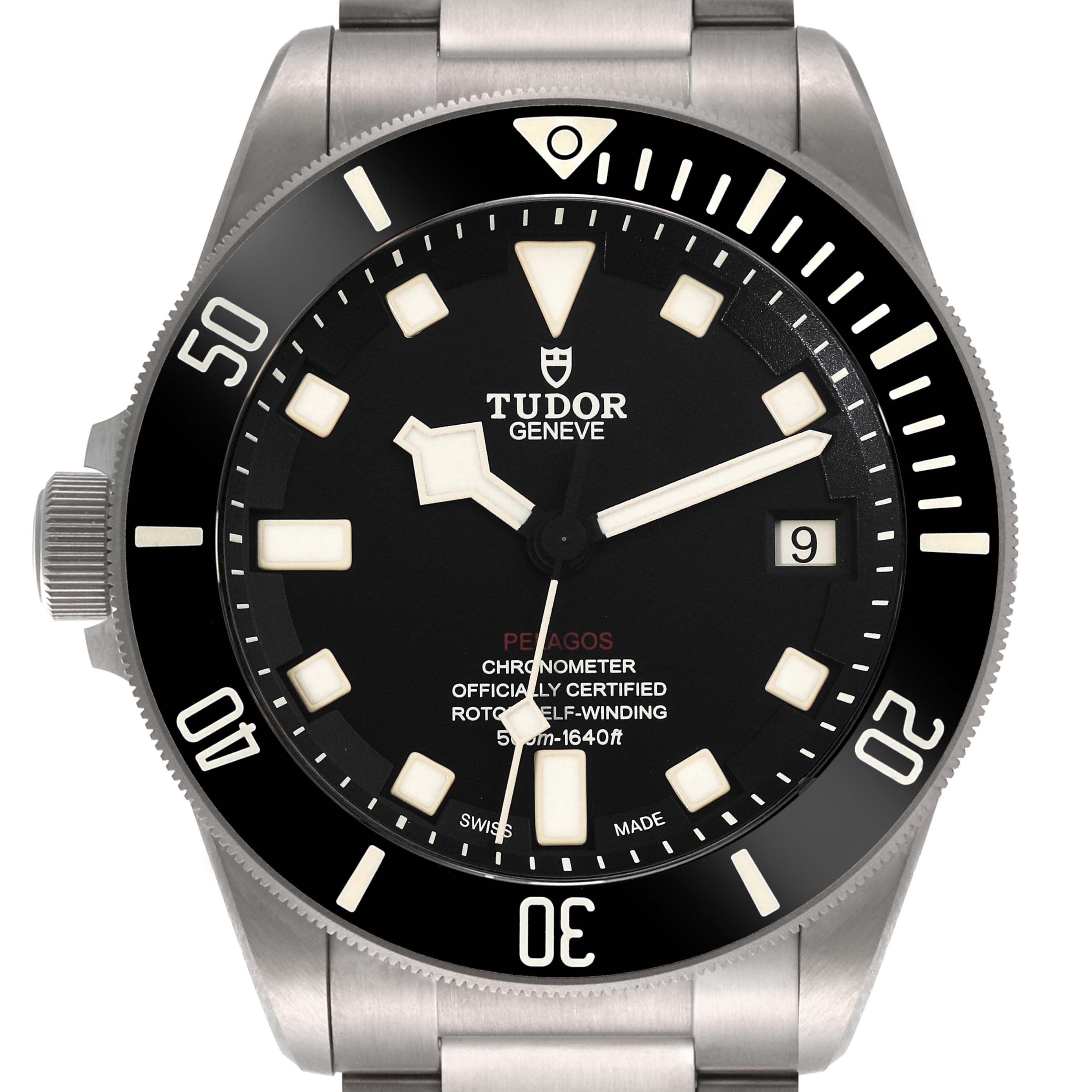 The image shows a front view of the Tudor Pelagos 25610TNL Men's Titanium Black Dial 25610TNL Men's Titanium Black Dial watch, focusing on the dial, bezel, and part of the bracelet.