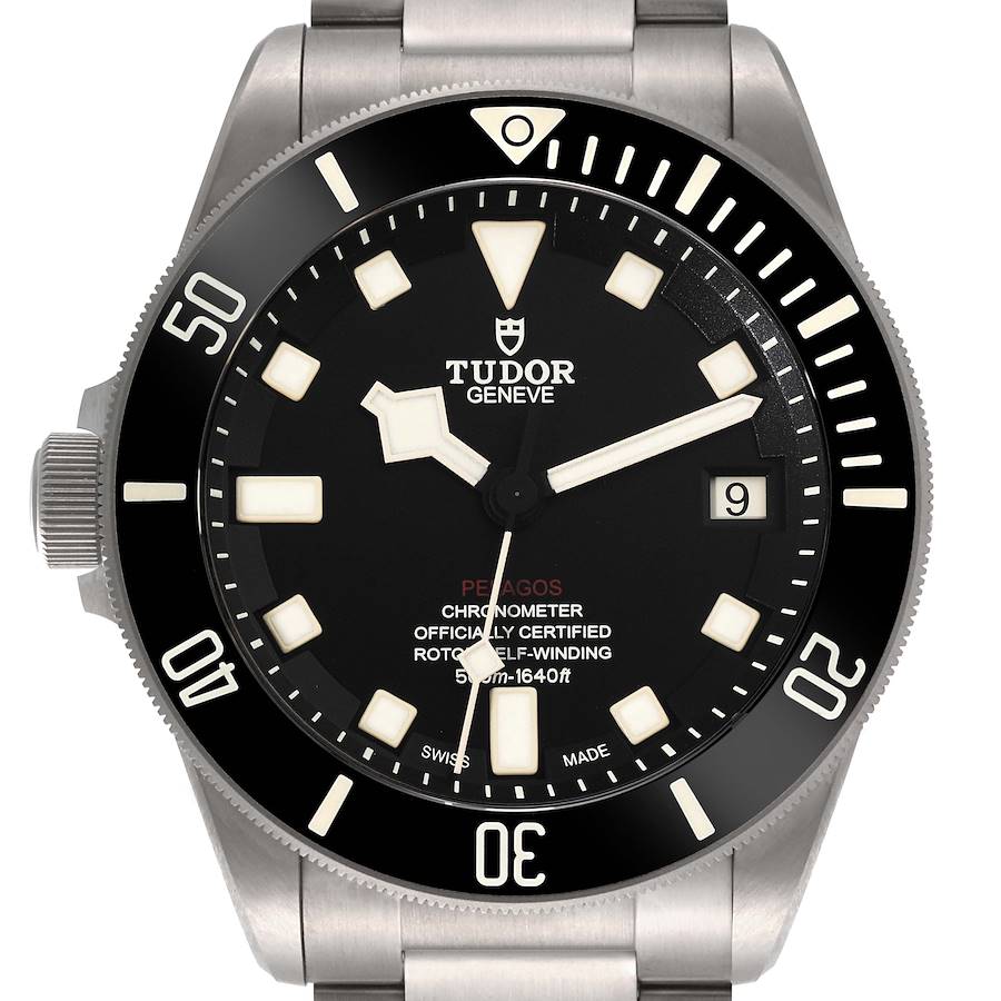 The image shows a front view of the Tudor Pelagos 25610TNL Men's Titanium Black Dial 25610TNL Men's Titanium Black Dial watch, focusing on the dial, bezel, and part of the bracelet.