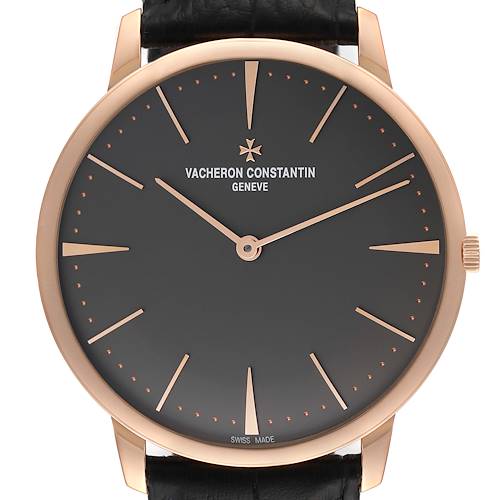 This image shows a front view of the Vacheron Constantin Patrimony 81180 Men's Rose Gold Grey Dial 81180 Men's Rose Gold Grey Dial watch, detailing its dial, hands, and bezel.