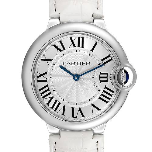 This image shows a front view of a Ballon Bleu de Cartier watch, featuring its face, Roman numerals, and blue hands.